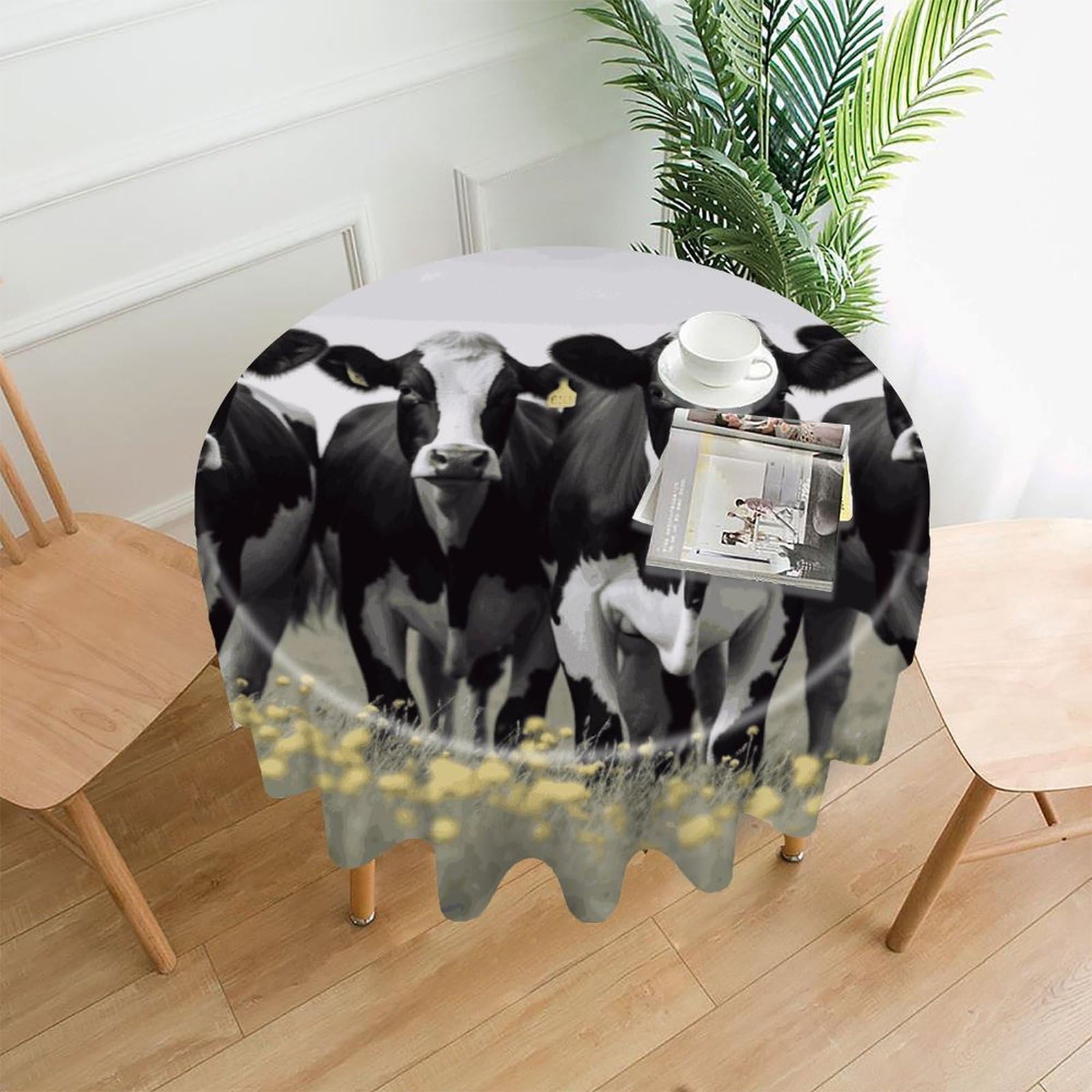 VstaDank Black White Cows Table Cloth Fashions Washable Round Tablecloth Decorative Table Cover Comfortable Straight Edge Tablecover for Dining Kitchen Party Outdoor 60 Inch