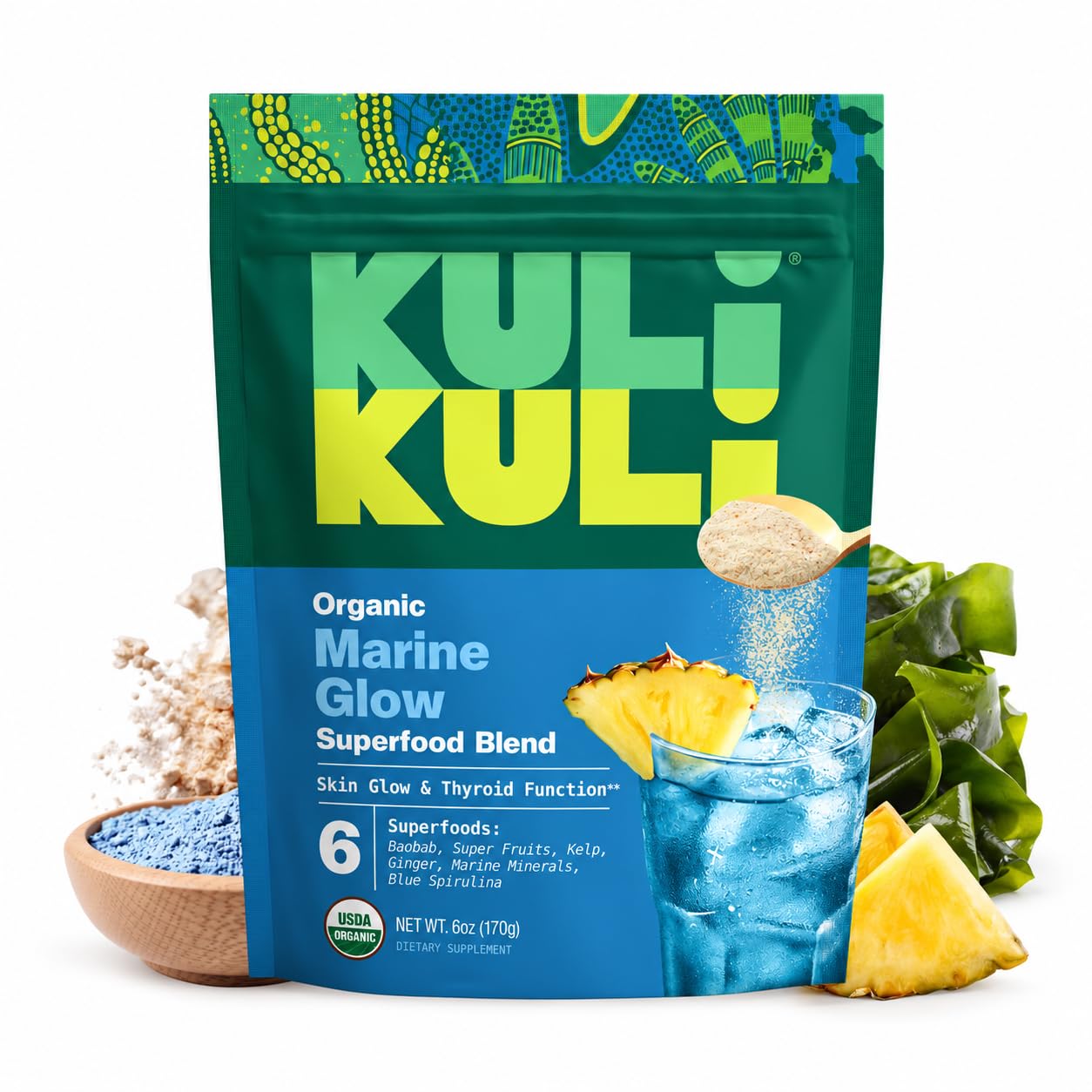 Kuli Kuli Organic Marine Glow Blue Spirulina Kelp Skin & Beauty Blend, 6oz