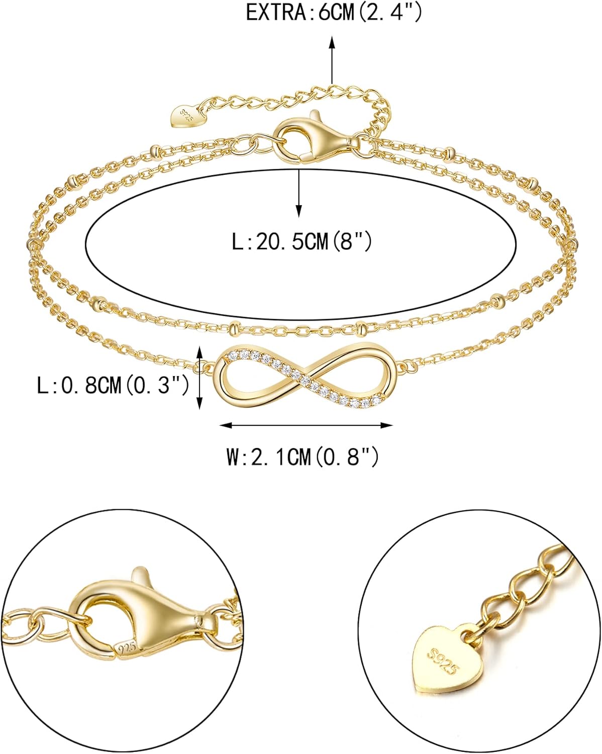 EVER FAITH Women's Heart Figure 8 Infinity Layered Anklets Sparkly White Cubic Zirconia S925 Tiny Bead Adjustbele Link Bracelet Jewelry