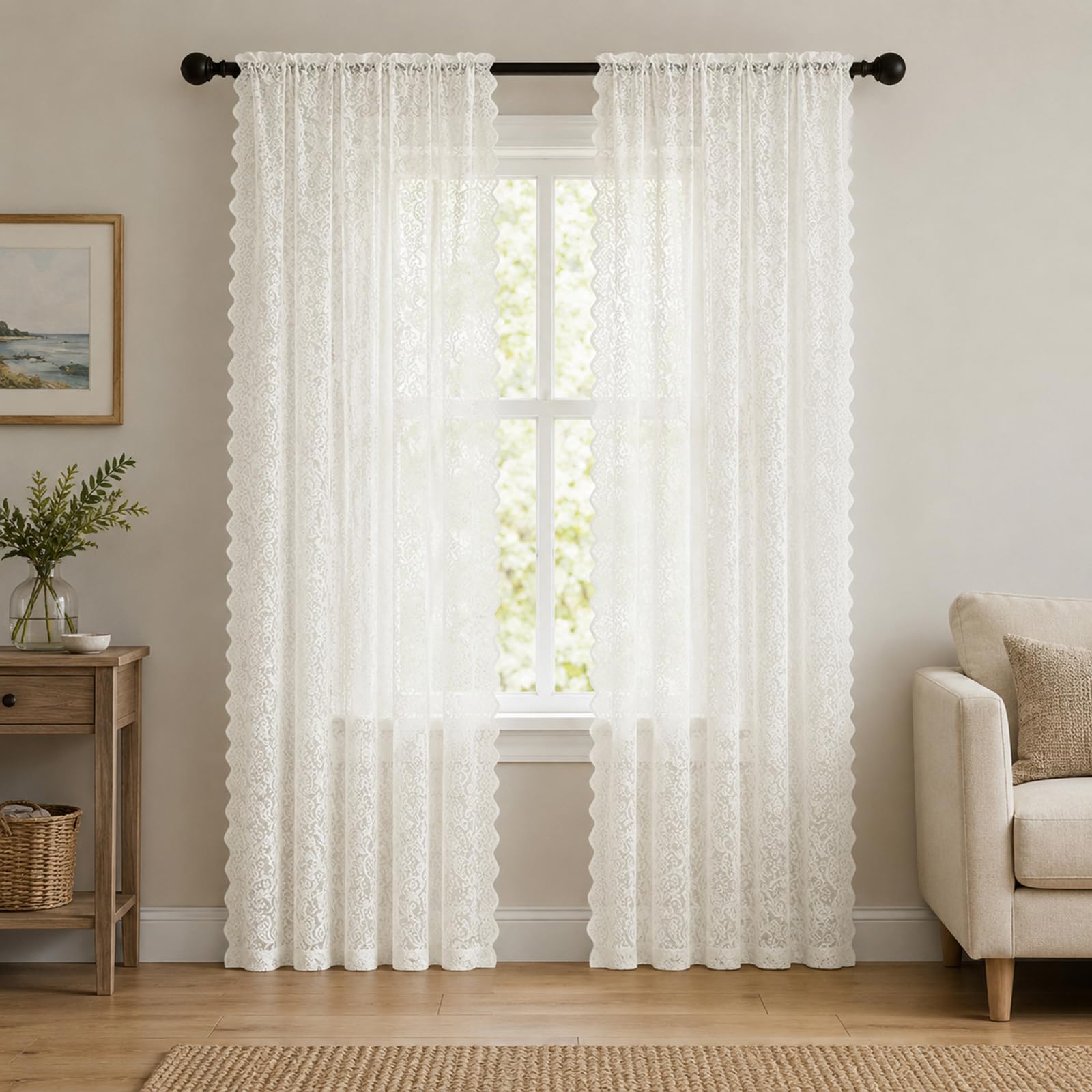 SSWH Tende Trasparenti in Voile, Tende Voile in Pizzo Vintage, Tenda Trasparente con Tasca per Bastone per Soggiorno Camera da Letto(Size:150x300cm/W 59" x L 118" (2 Panels),Color:Bianco)