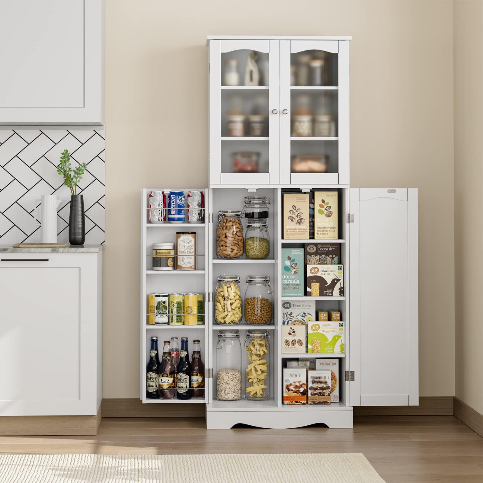HORSTORS 64" Pantry Cabinet, Food Pantry, Freestanding Tall Storage Cabinet with Doors and Adjustable Shelves for Home Kitchen, Dining Room, Living Room, White