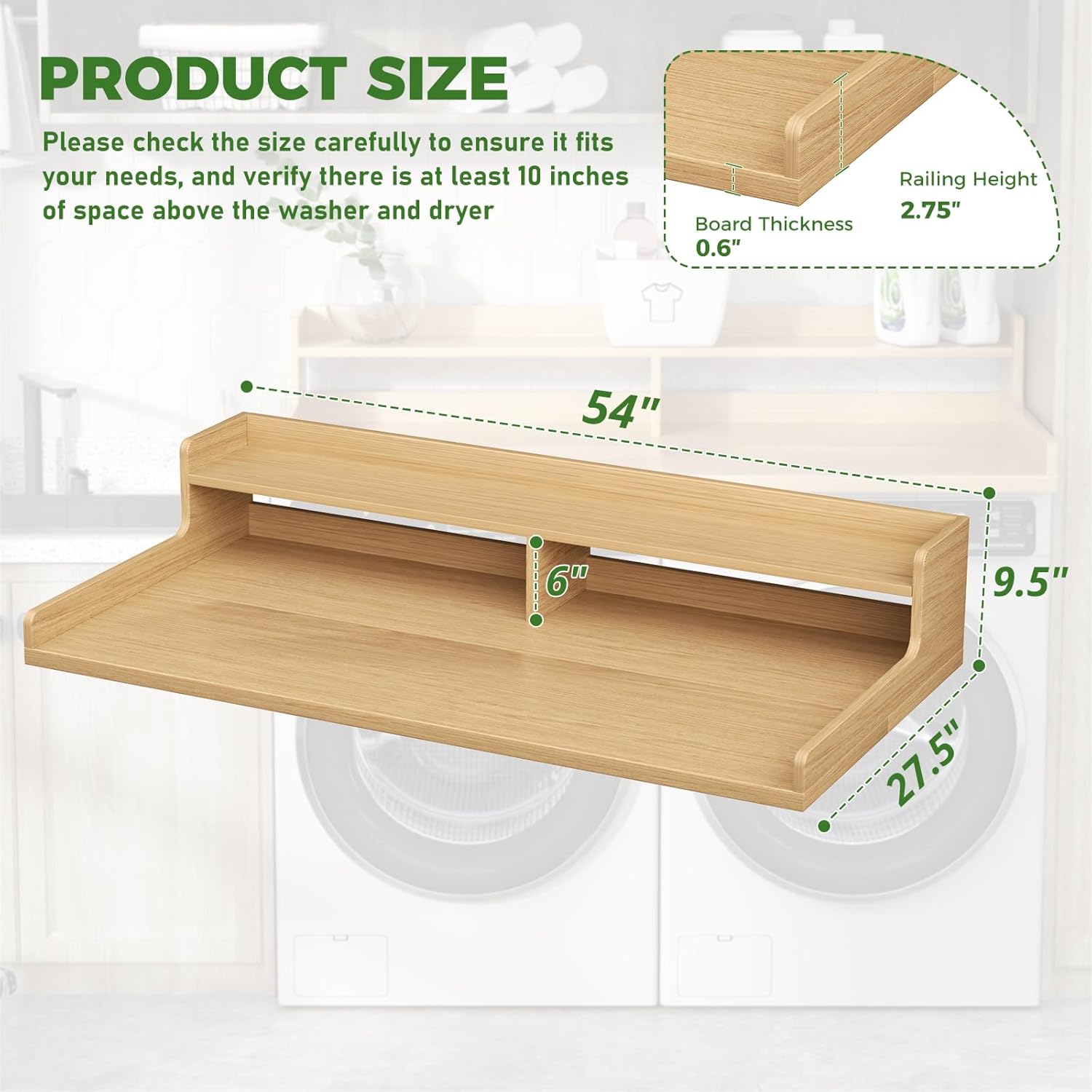 VOPEAK Washer and Dryer Countertop with Shelf, 2-Tier Washer Dryer Topper, 54" x 27.5" Spacious Laundry Countertop, Washing Machine Topper for Laundry Room Organization and Folding Clothes, Oak