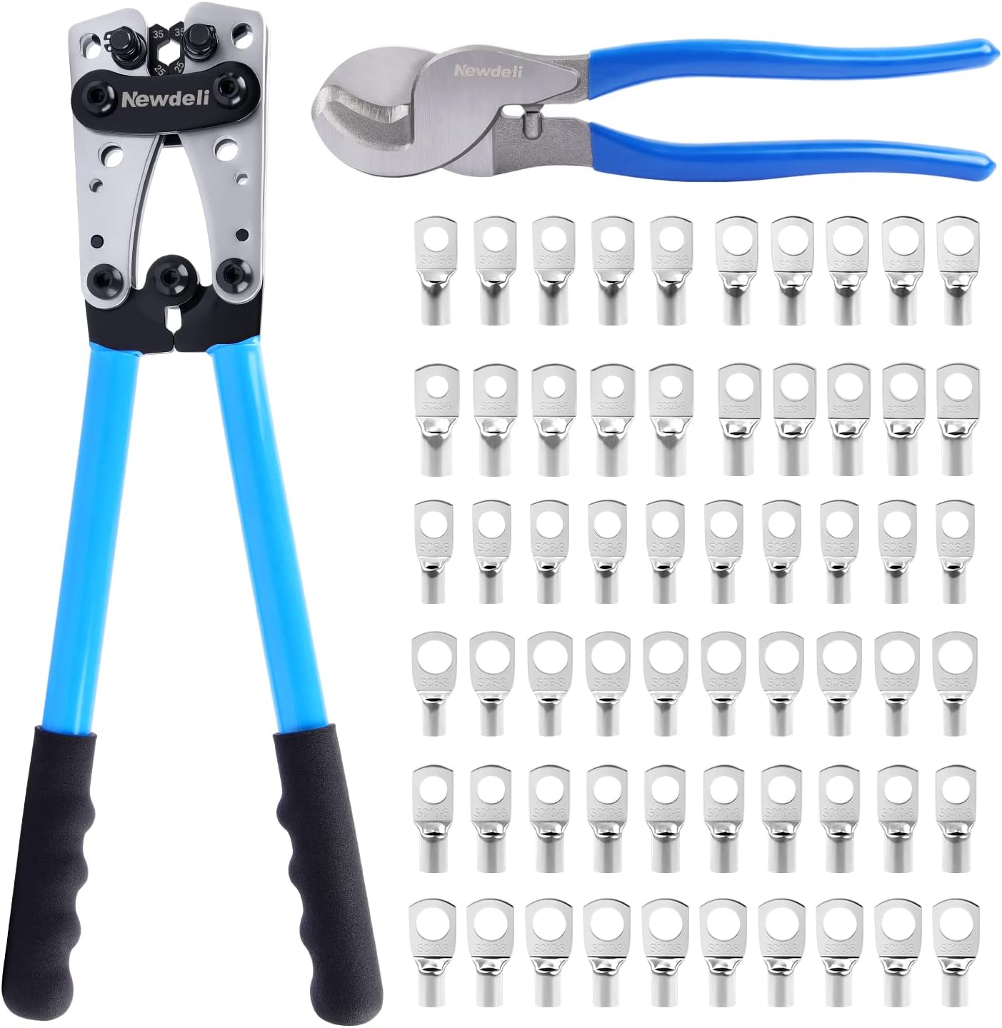 Newdeli Battery Cable Lug Crimping Tool 10-1/0 AWG with Wire Cutter and 60Pcs Copper Ring Terminals 8 Sizes Cable Lugs Set, Heavy Duty Wire Crimper for Battery Wire Terminal