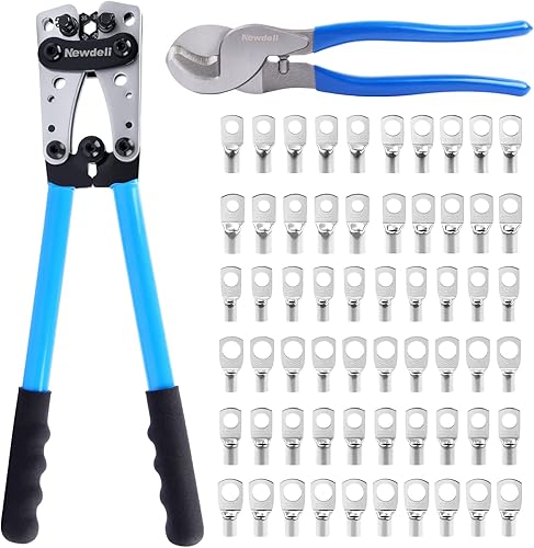 Newdeli Herramienta de prensado de terminales de cable de batería 10-1/0 AWG con cortador de alambre y 60 terminales de anillo de cobre, juego de