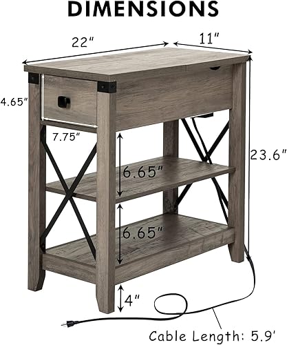 Miniatura 21 de Mesa auxiliar estrecha con estación de carga, mesa auxiliar delgada de granja, con puertos USB, mesa de noche con cajón de almacenamiento abatible,