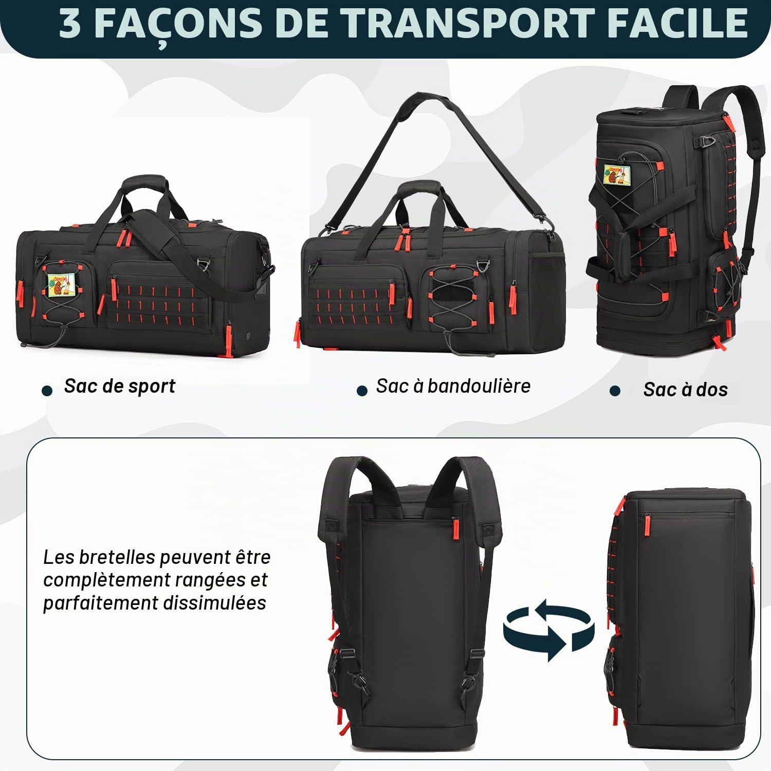 Sac de sport avec fonction sac à dos pour homme et femme 3 en 1 50 l - Grand sac de voyage tactique avec chaussures - Imperméable - Pour natation, alpinisme, voyage, weekend - Noir