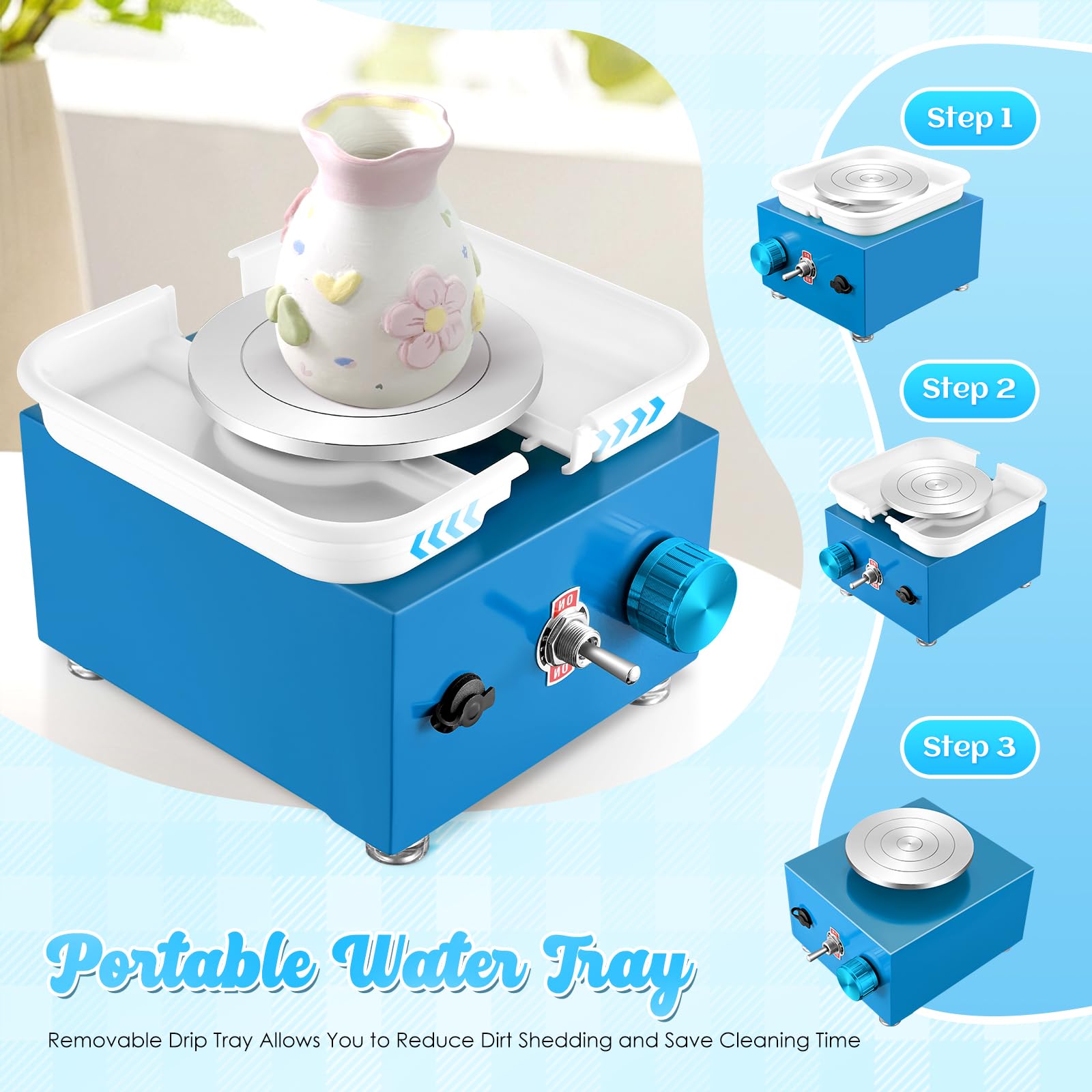 Mini Rueda de Cerámica, 2000RPM Máquina Eléctrica de Cerámica con Lavabo Extraíble de ABS y Placas de 10/6,5 cm y para cerámica de Arcilla, Kit Ceramica para Niños, Adultos Y Principiantes