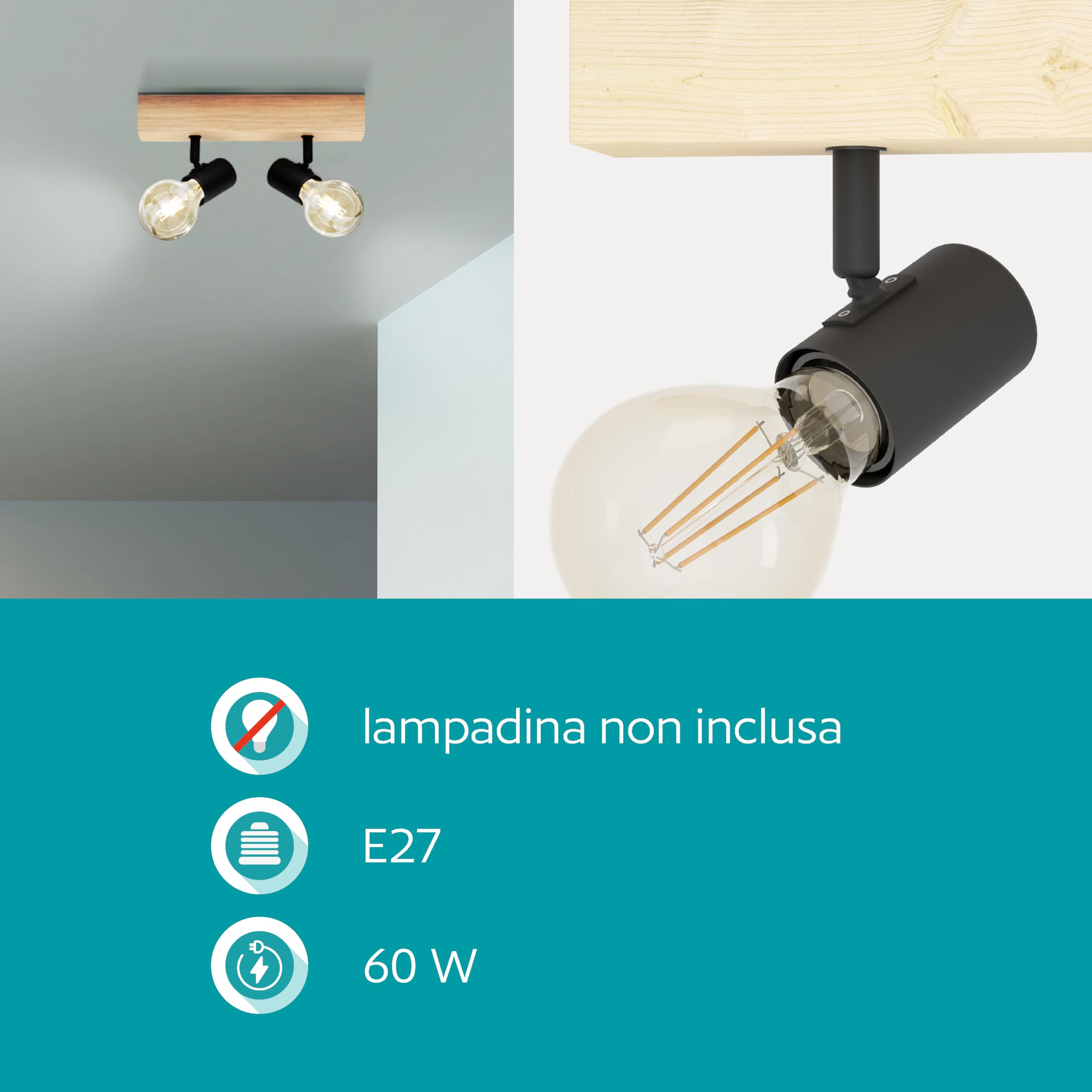 Eglo lampada da soffitto Townshend 3, plafoniera vintage a due punti