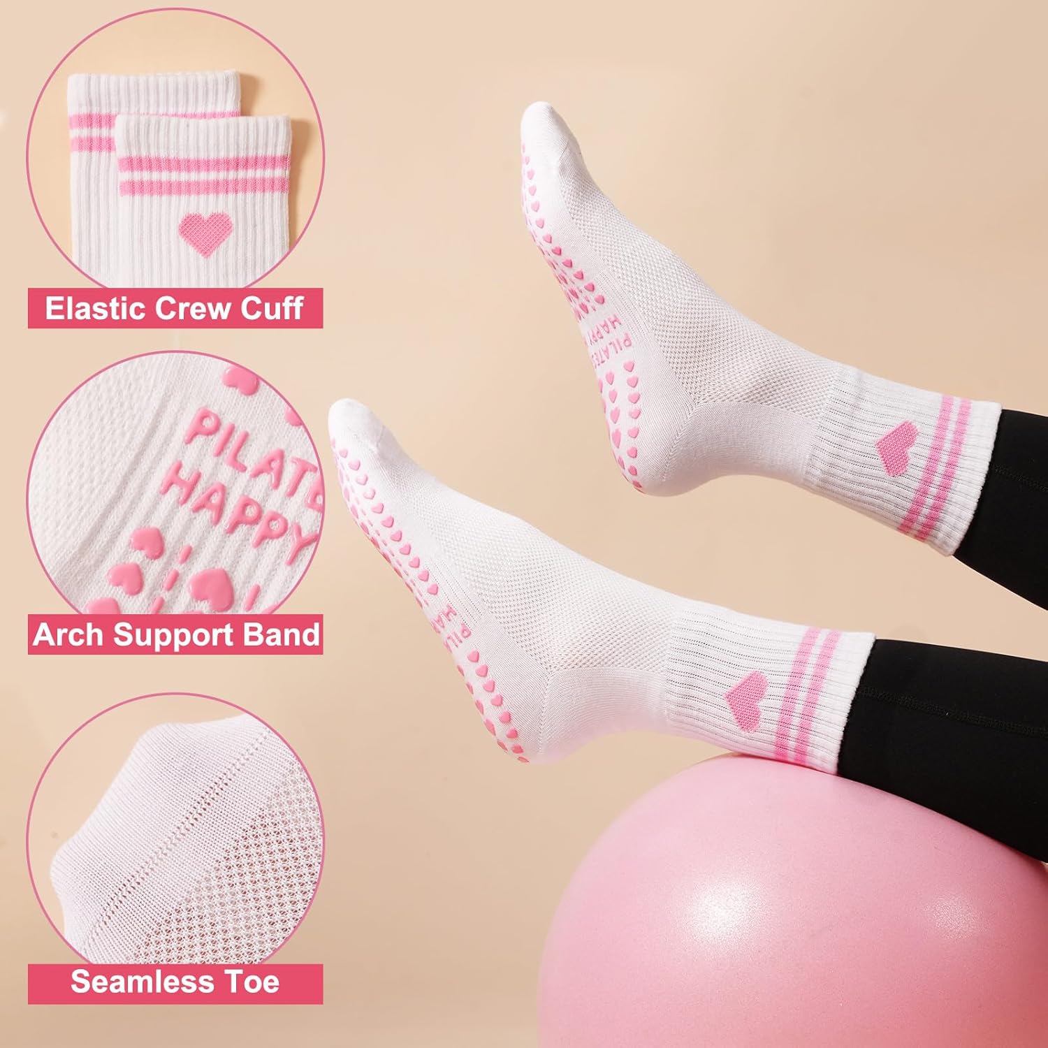 Grip Pilates Crew Socks for Women, Non Slip Yoga Socks with Grips for Barre Hospital Grippy Sticky Sock - Image 5