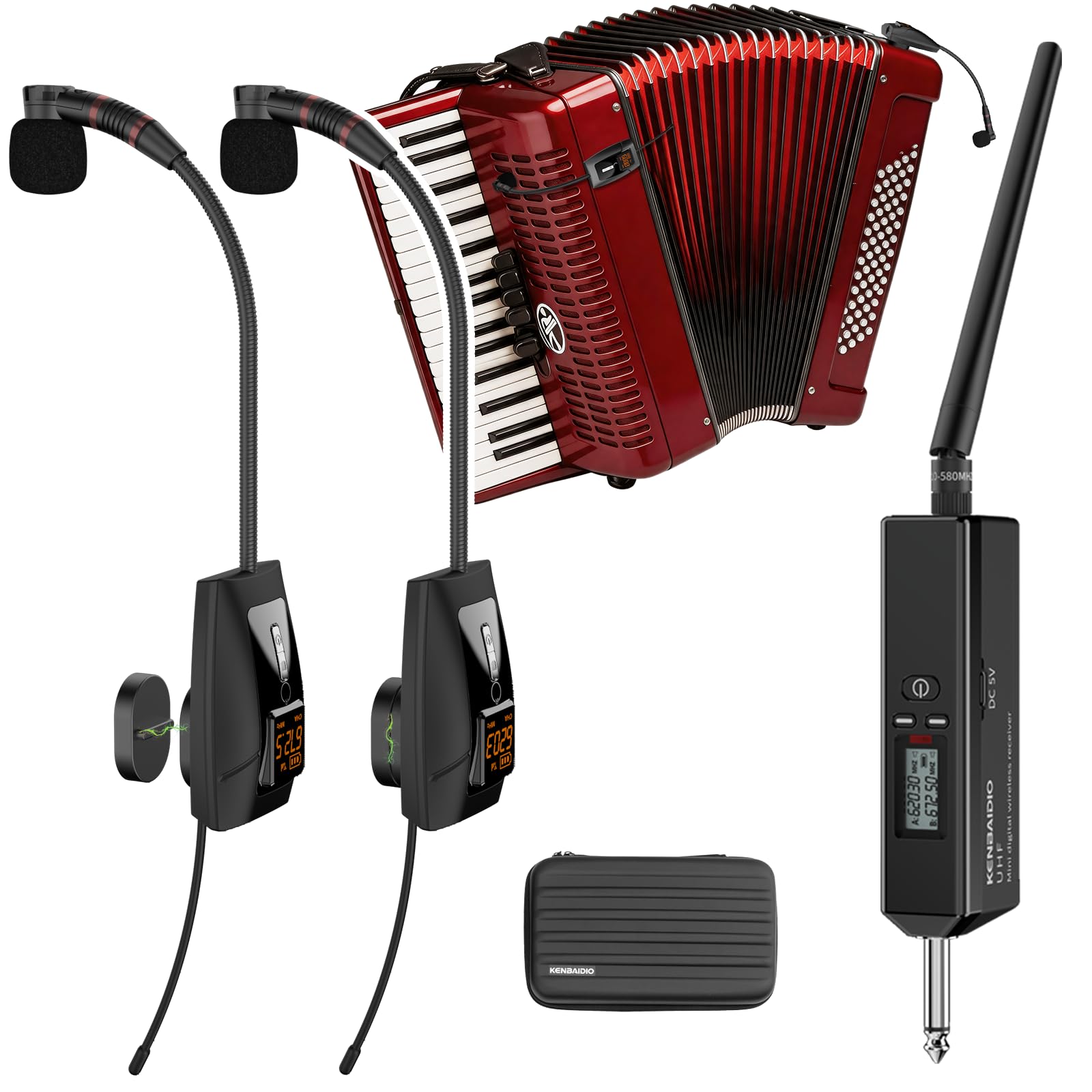 uhf accordion wireless microphone dual transmitter, instrument mic system with detachable magnetic clip, piano guitar violin cello pickup for stage performance, concerts, recording,196ft