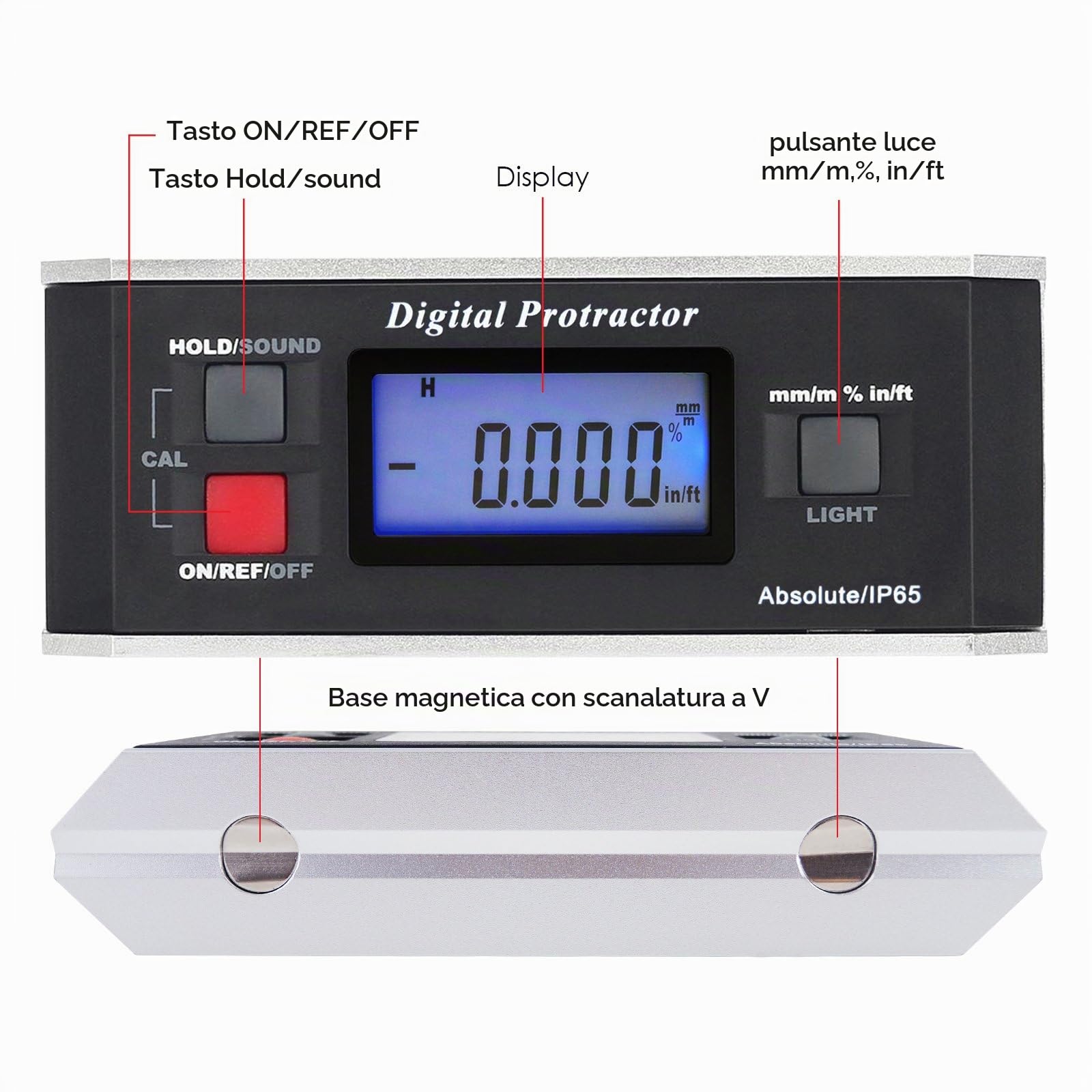 Portatile digitale goniometro Angle Finder livello inclinometro magnetico 0~360 gradi per base LCD retroilluminazione magnete incorporato della V-scanalatura in legno metallo