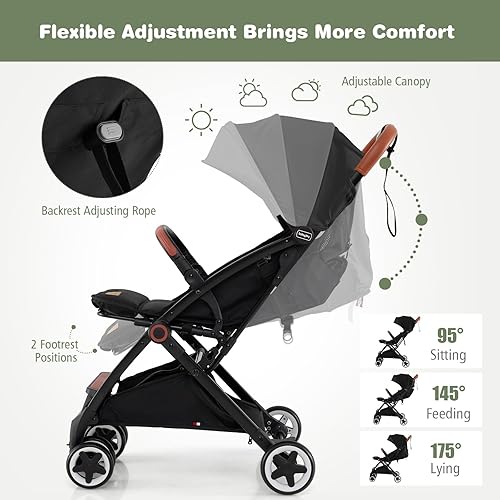 Miniatura 3 de HOMGX - Cochecito de bebé ligero, cochecito de viaje compacto con asiento ergonómico, cesta espaciosa, respaldo ajustable, toldo de gran tamaño,