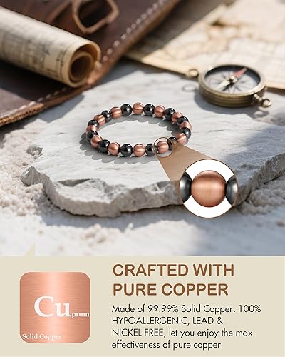 Miniatura 2 de Feraco Pulsera magnética de cobre puro para hombres y mujeres, 0.315 in, 99.99% cobre sólido y 3500 cuentas de hematita magnética Gauss, pulsera