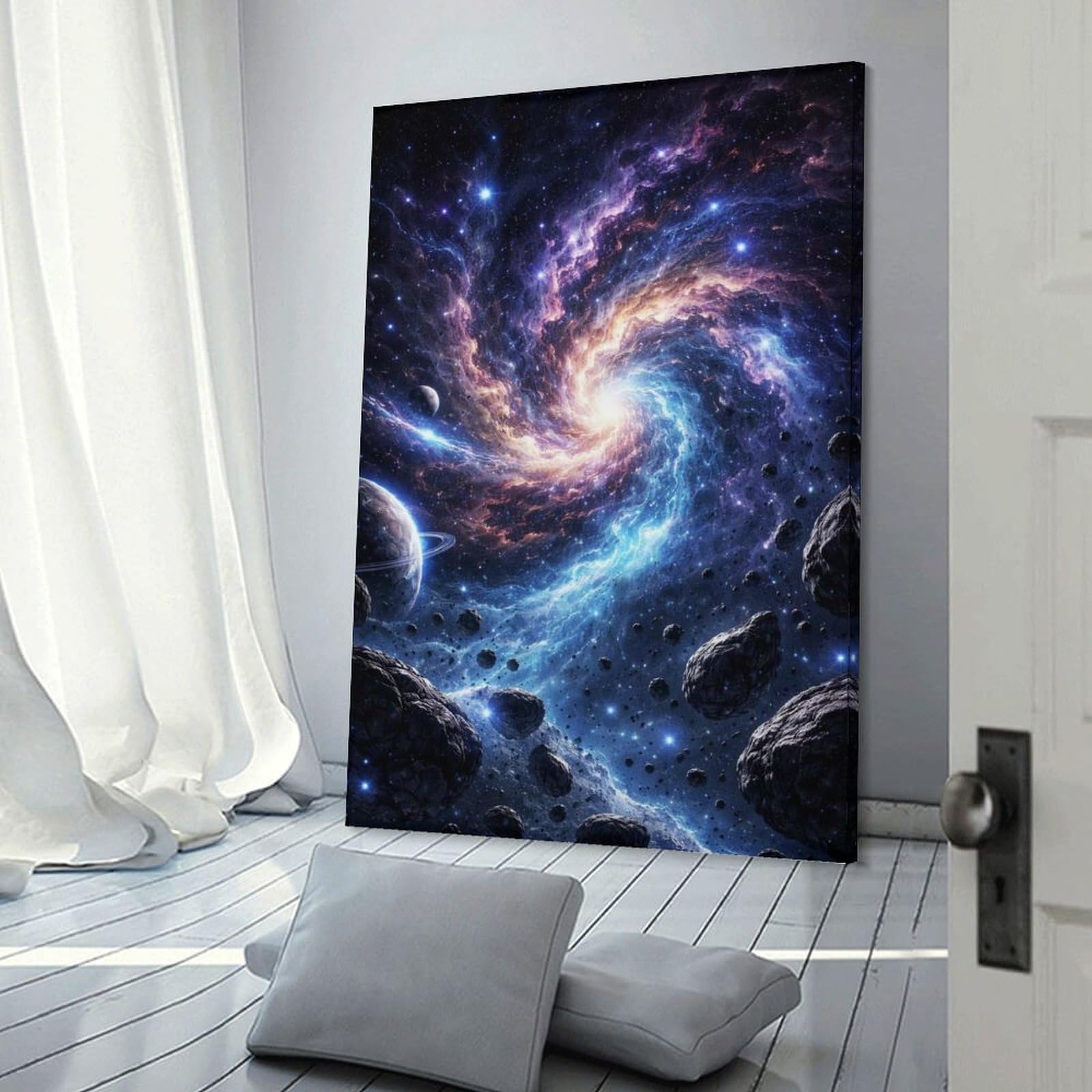 Junmoney Frame-Style-2 Canvas Wall Decor Cosmic Swirl Nebula With Planets And Asteroids, 24X36inch(60X90cm), For Home Lounge, Bedroom Or Reading Nook, Eye Catching Artwork For Blank Walls