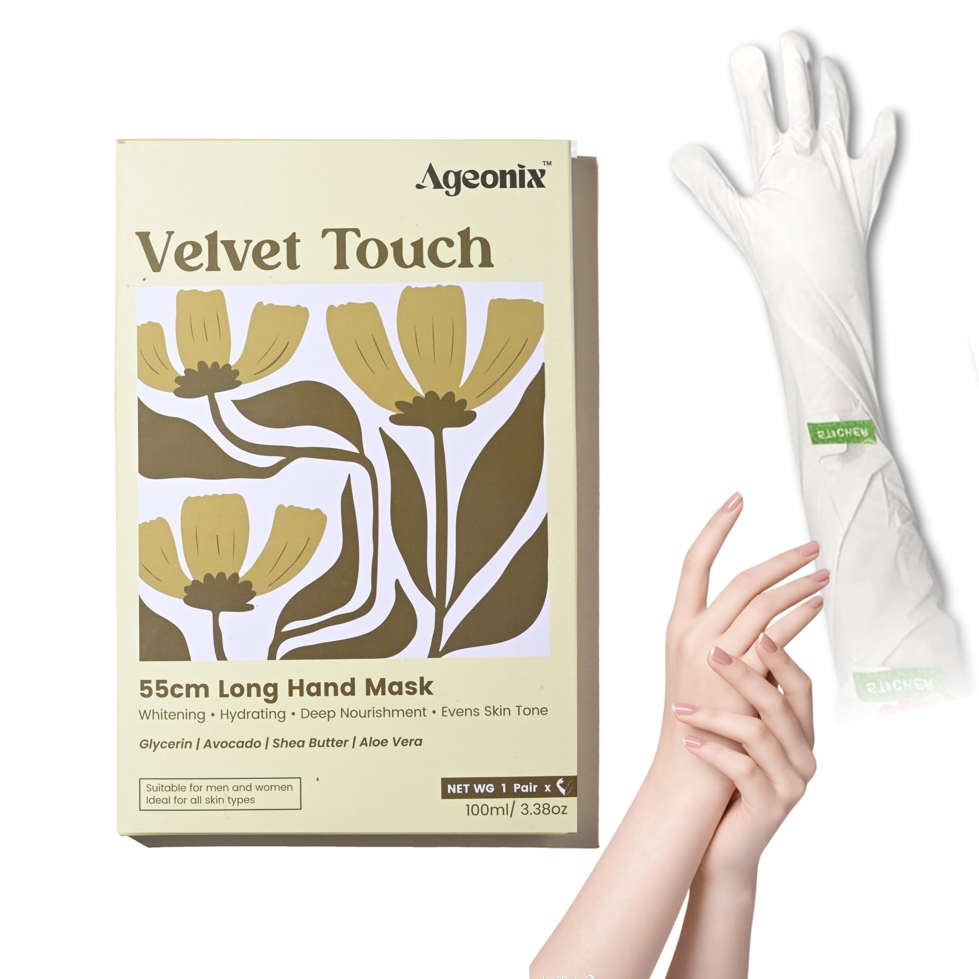 Ageonix Velvet Touch Hand Mask Gloves 55cm | Treatment for Dry Hands with Shea Butter, Aloe Vera, Avocado, Glycerin (pack of 4)