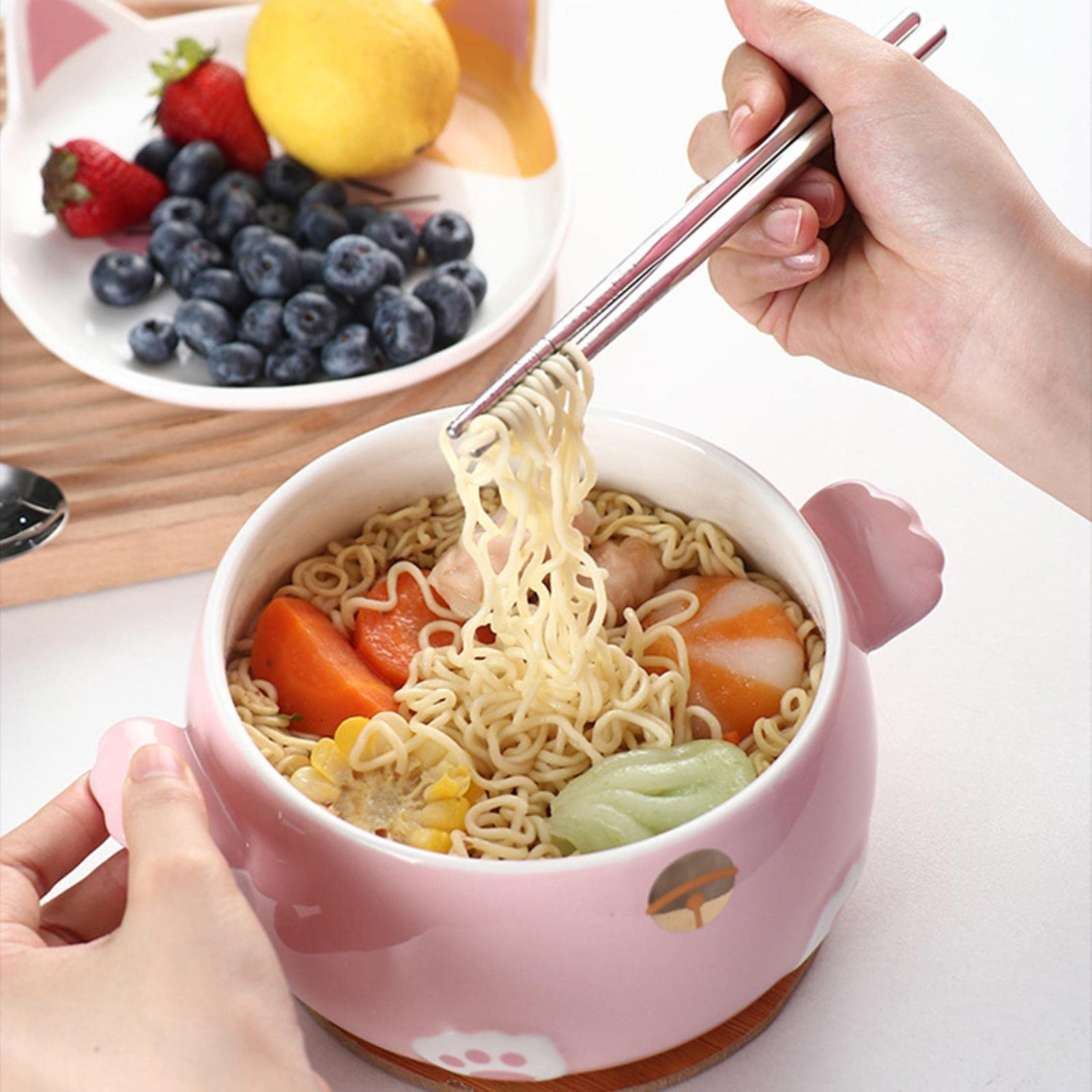 Schöne Katzen-Ramen-Schüssel mit Essstäbchen, Deckel, Löffel, Teller, Keramik, niedlich, für Küche, Salat, Obst, Instant-Nudeln, Reis, große Schüssel