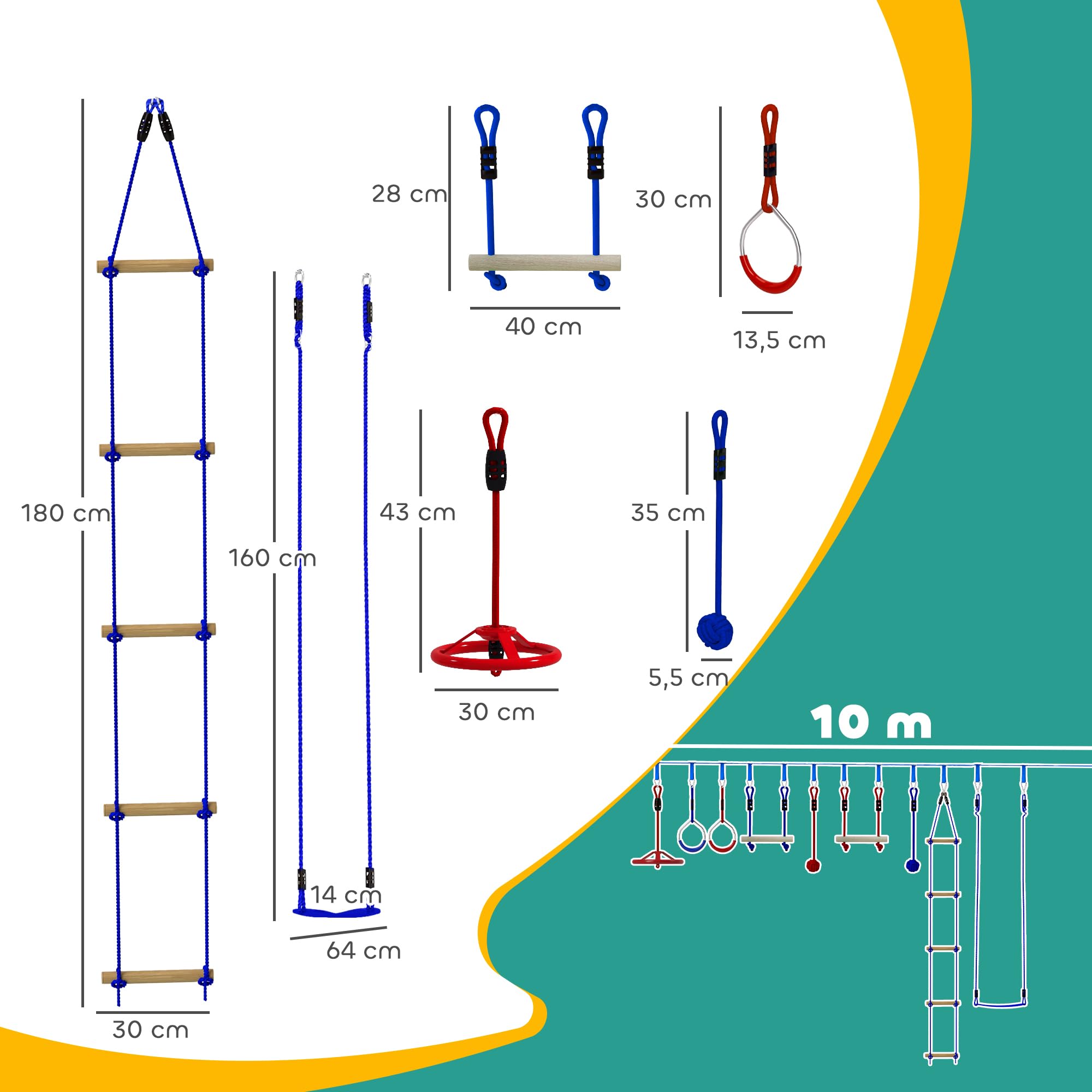 AIYAPLAY Ninja Line Kinder 10m Slackline Set mit Turnringe, Schaukel, Kletterleiter, Baumschutz, Kletterstangen, Hängetablett Outdoor Spielset Ausrüstung für 3-6 Jahre Kinder Blau+Rot