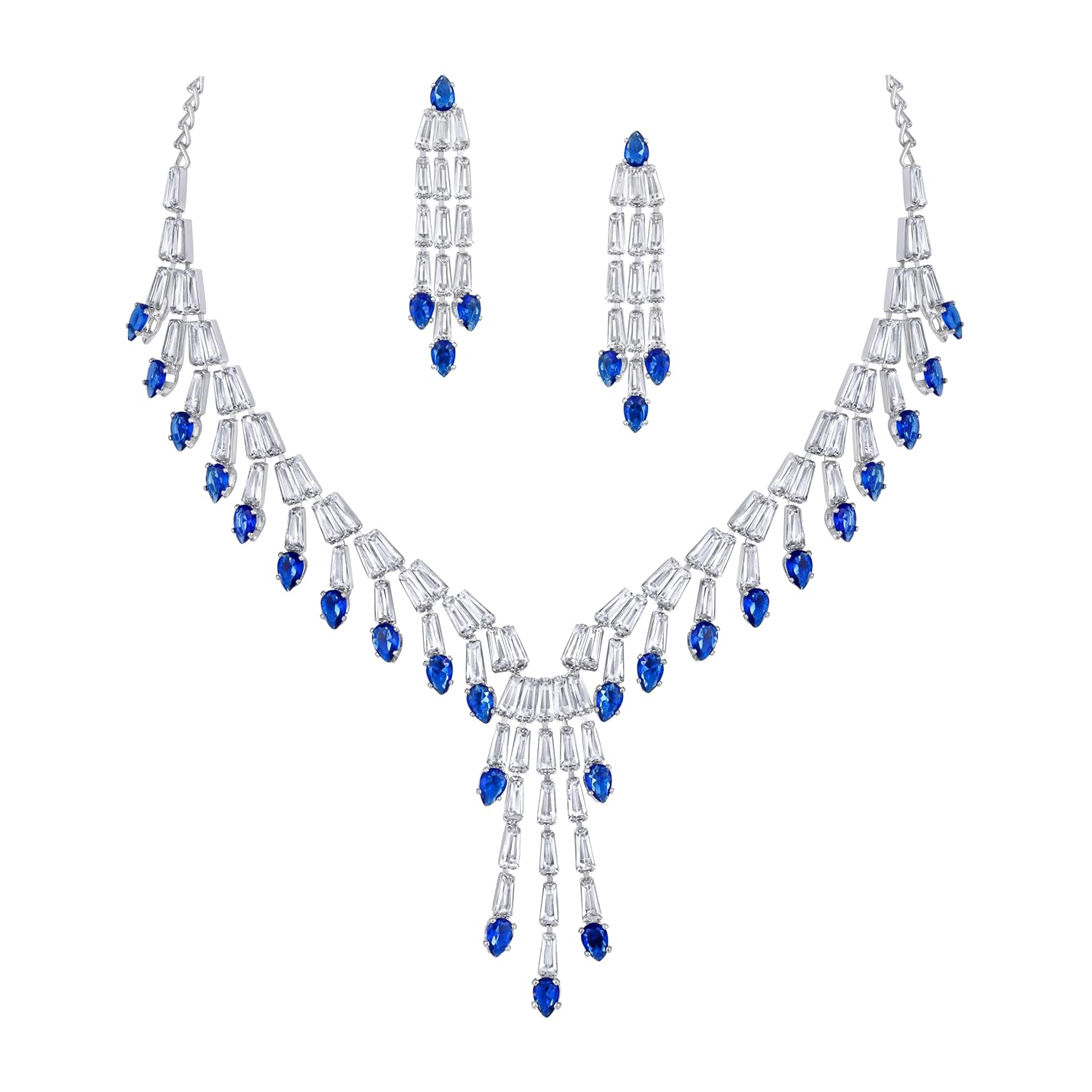 Atasi International American Diamond Style Silver Plated Necklace with Earrings Jewellery Set for Women – Perfect for Party, Wedding, and Engagement