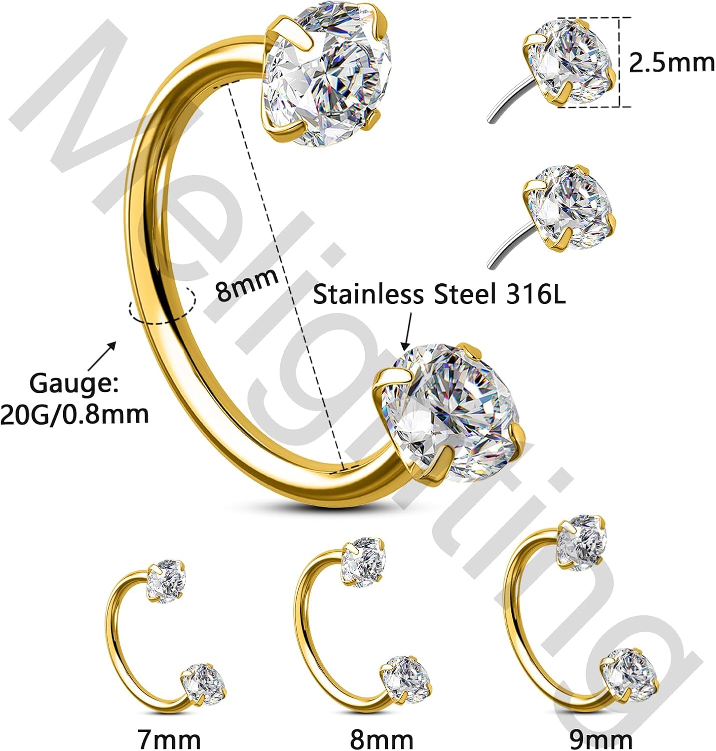 Melighting 20G Horseshoe Nose Rings Stainless Steel 316L, Double Cubic Zirconia Threadless Push in Nose Stud Hoop Piercing, Cartilage Lip Helix Piercing Jewellery for Women 7/8/9 mm - Image 6