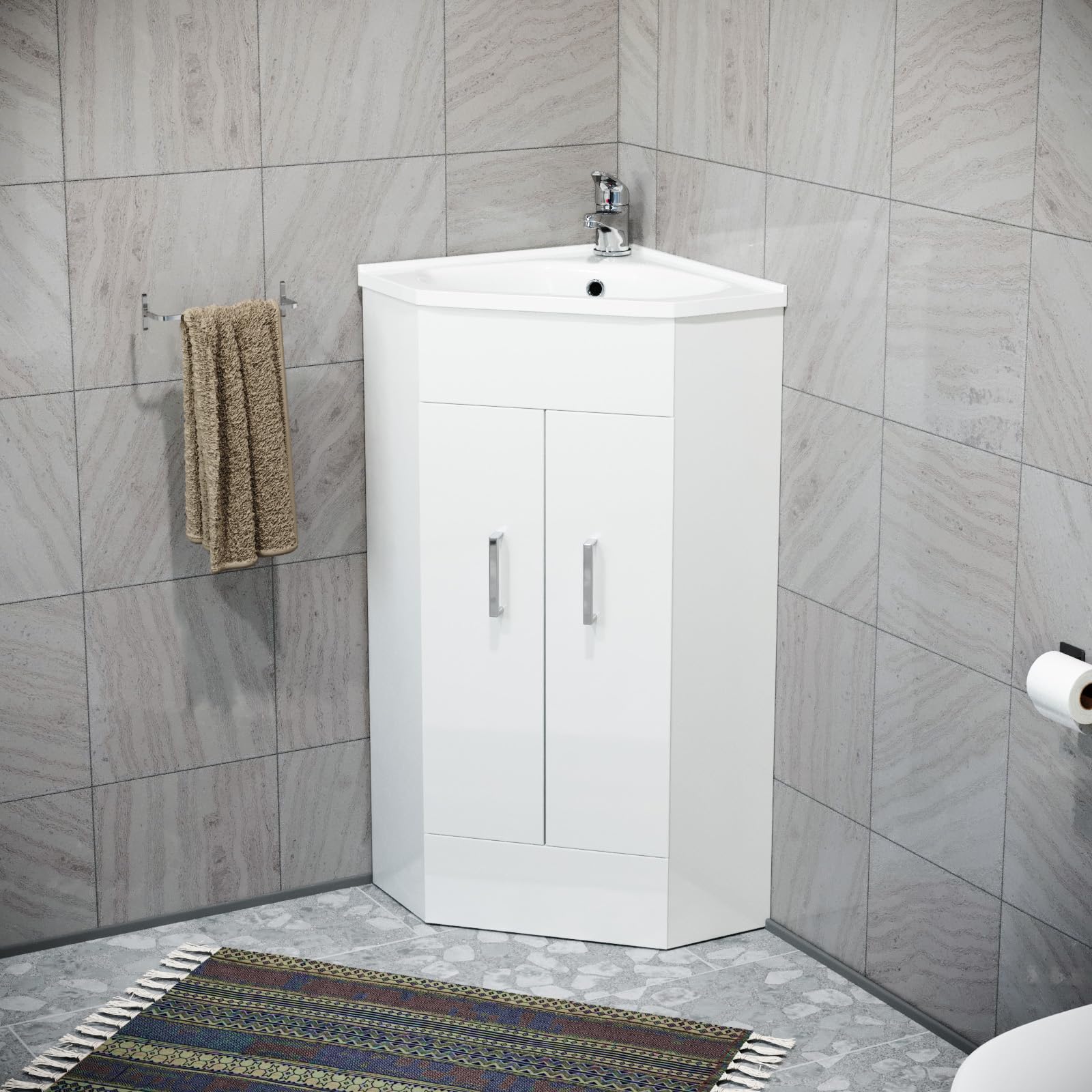 Nes Home White Modern Corner Vanity Unit With Ceramic Basin And Mixer Tap + Waste
