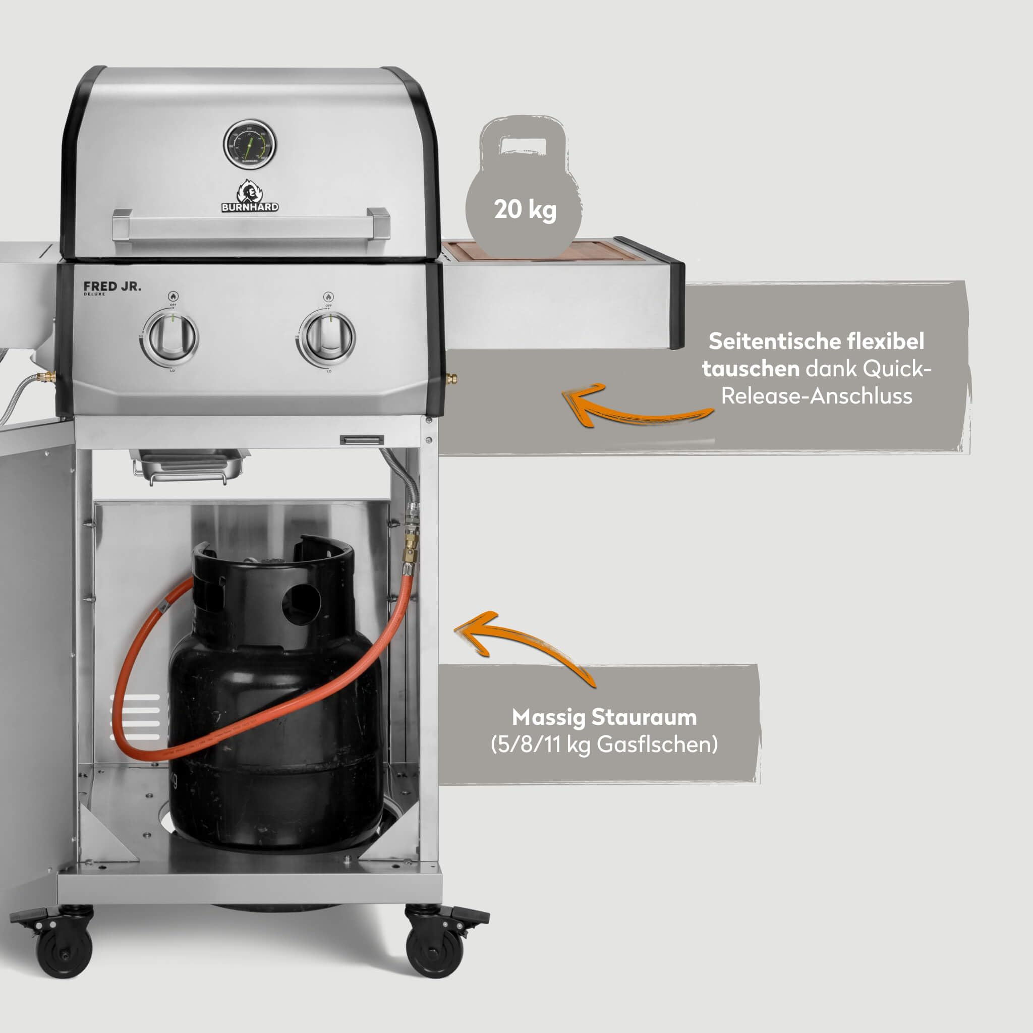 BURNHARD® Gasgrill 2-Brenner, 2x Edelstahl-Stabbrenner, 3,75 kW, Infrarot-Keramikbrenner, Seitentisch, Gussrost, Piezo-Zündung, kompakt, für 5 Personen – FRED Jr. Deluxe