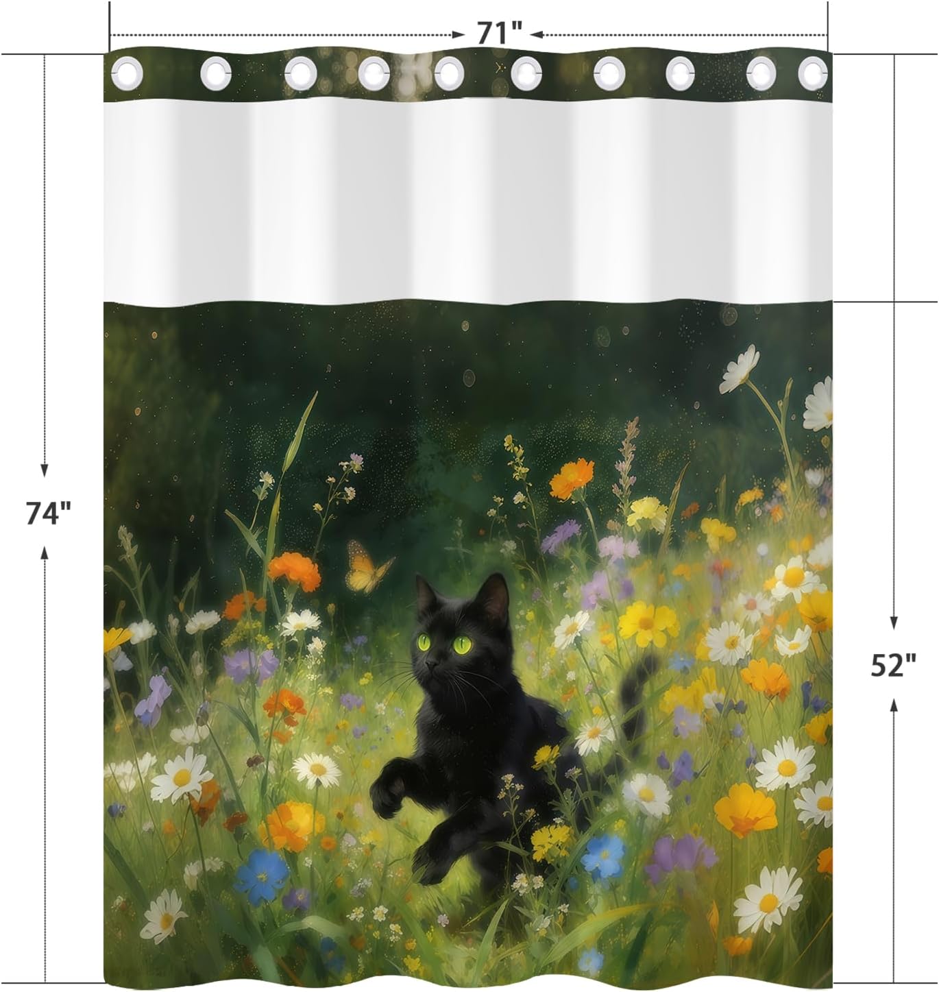 No Hook Black Cat Shower Curtain with Snap in Liner, Dreamy Wildflower Garden Art Bathroom Decor, Waterproof Double Layer Shower Curtains for Home, Mesh Top Window, 71 x 74 Inch