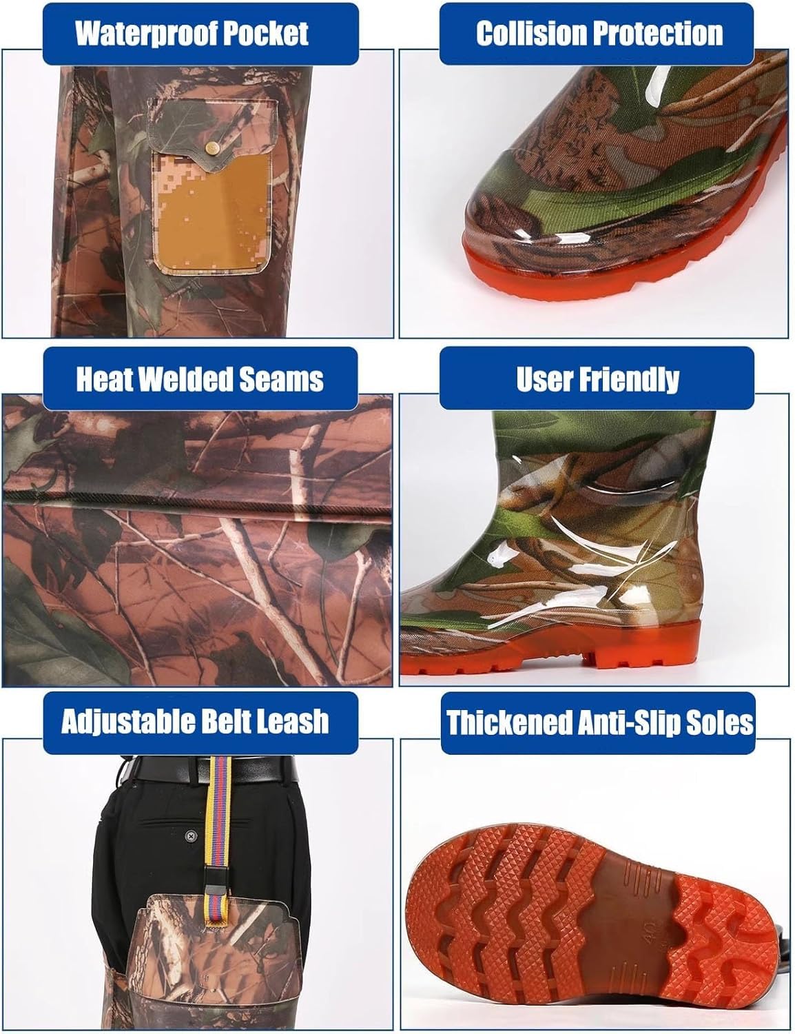 EPANO LXXW Waders Pesca Scarpe Impermeabili in PVC a Forma di Rana, Stivali Impermeabili da Esterno con Tasche, Stivali da Pioggia Alti, Stivali da Pesca Alti Fino al Ginocchio(7)