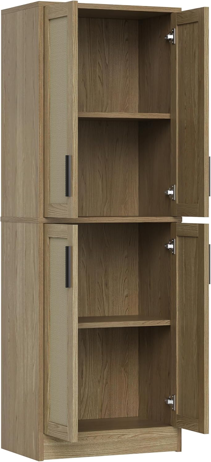 Pantry Cabinet - Tall Kitchen Pantry Storage Cabinet with 4 Rattan Doors and Adjustable Shelves, Wood Cupboard for Kitchen, Dining Room, Bathroom, Hallway, Laundry Room, Living Room (Natural)