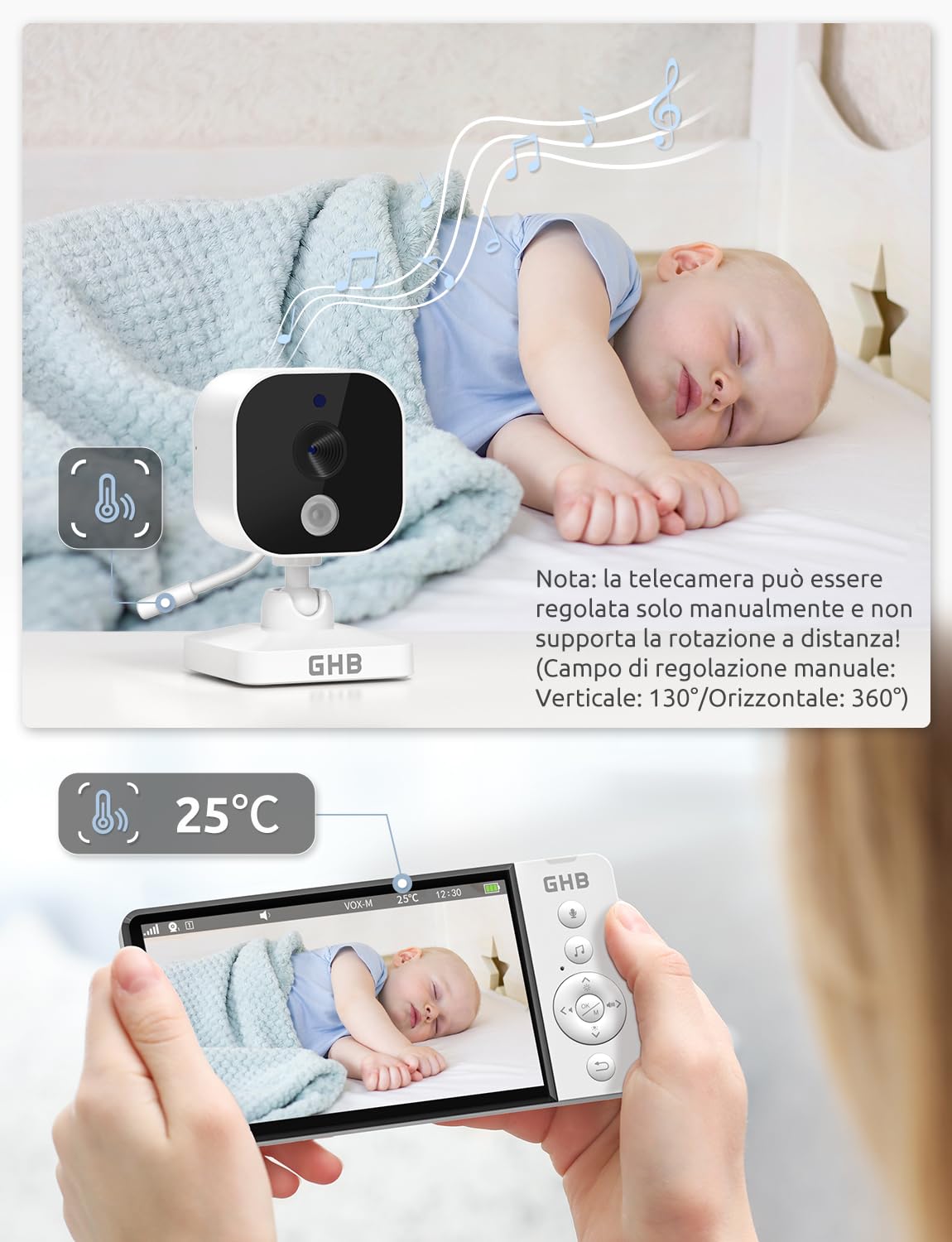 GHB Baby Monitor Video e Audio 5" Telecamera Neonato con Monitor IPS 5000mAh VOX, Visione Notturna, Rilevamento della Temperatura, Ninnananna