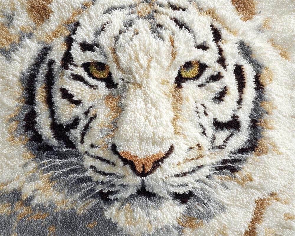 Kitquiver Latch Hook Kits for Adults Rug White Tiger Crafts Crochet Yarn with Pre-Printed DIY Handmade Embroidery Needlework for Home Decoration 15X20In