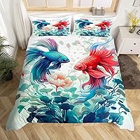 Vista 15 de Betta Fish - Juego de funda de edredón de peces tropicales, acuarela, animales marinos, algas marinas, coral submarino, vida marina (sin relleno)