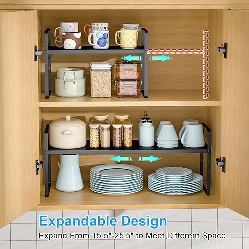 Vista 4 de Paquete de 2 estantes expandibles de 25.5 pulgadas, organizador de estantes apilables para almacenamiento de armario de cocina, encimera