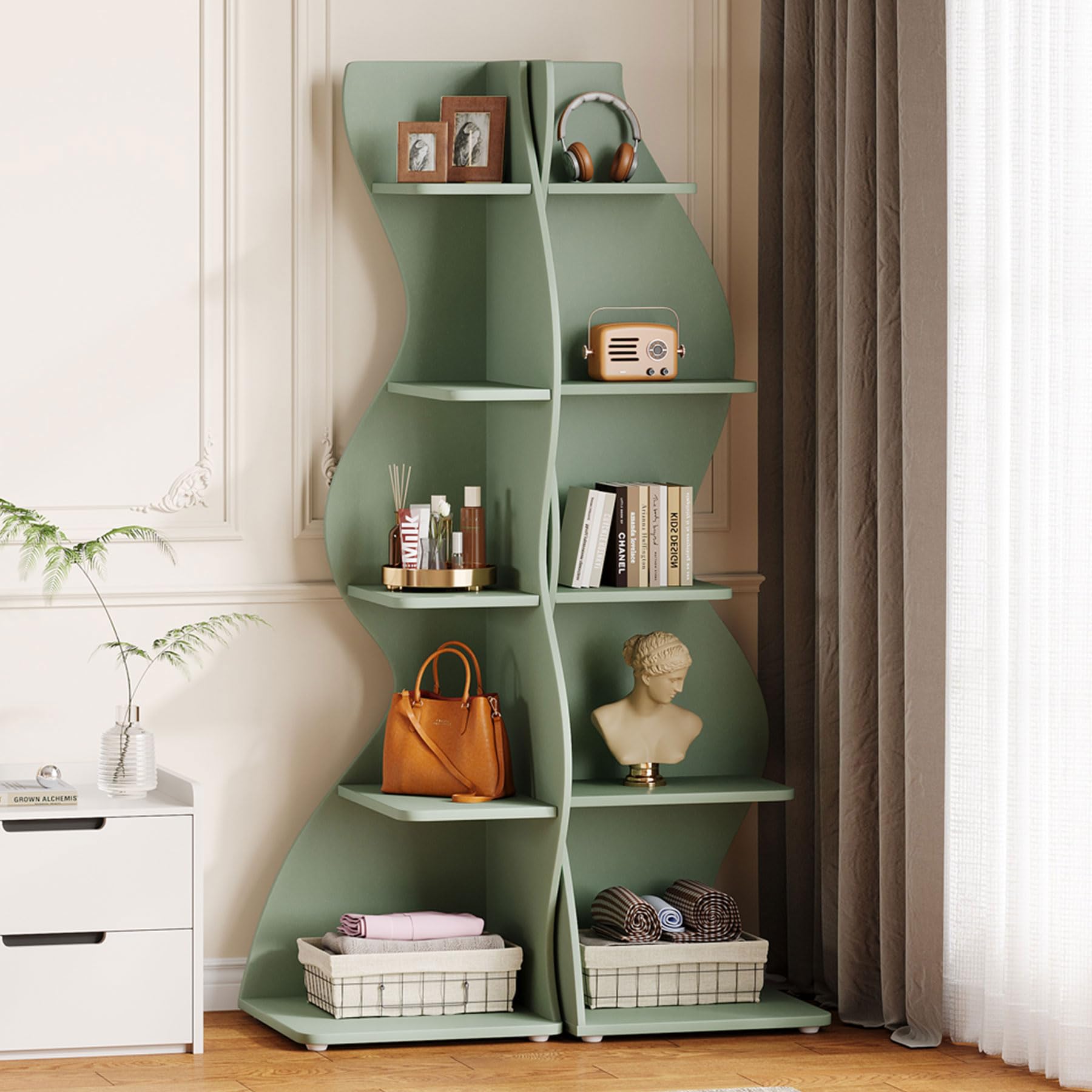 Tribesigns Wavy Corner Shelf Set of 2, Modern 5-Tier Bookshelf Etagere Bookcase with Curvy Shape, Unique Plant Stand Display Shelf for Living Room Small Space (Green)