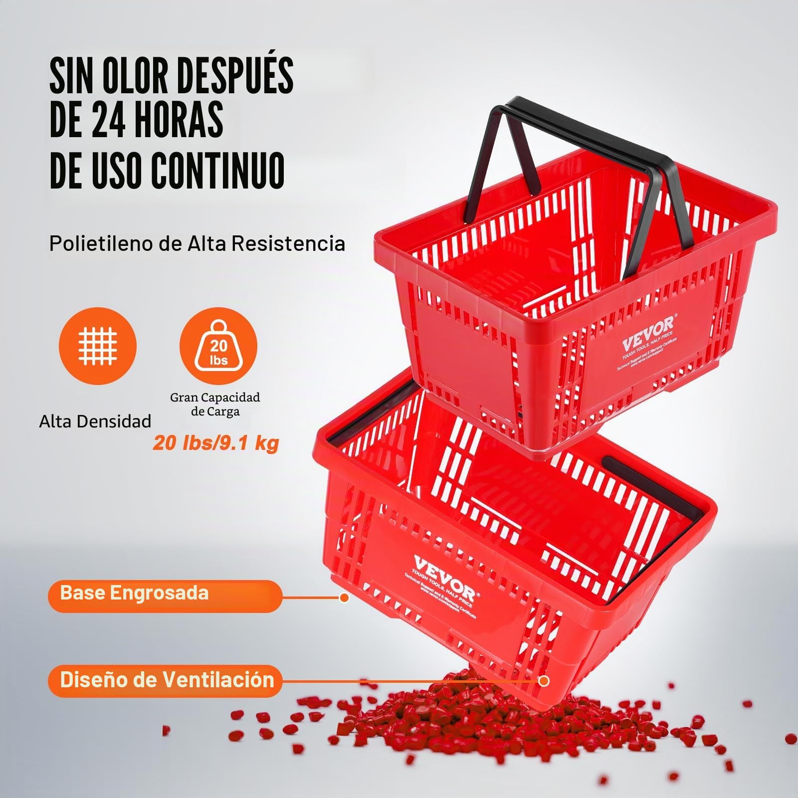 VEVOR Cesta Roja de la Compra con Asas y Soporte, 12 Piezas, 24 L, Cesta Portátil de la Compra de Plástico Duradero de 425 x 295 x 225 mm, para la Compra de Comestibles en el Supermercado, Tienda