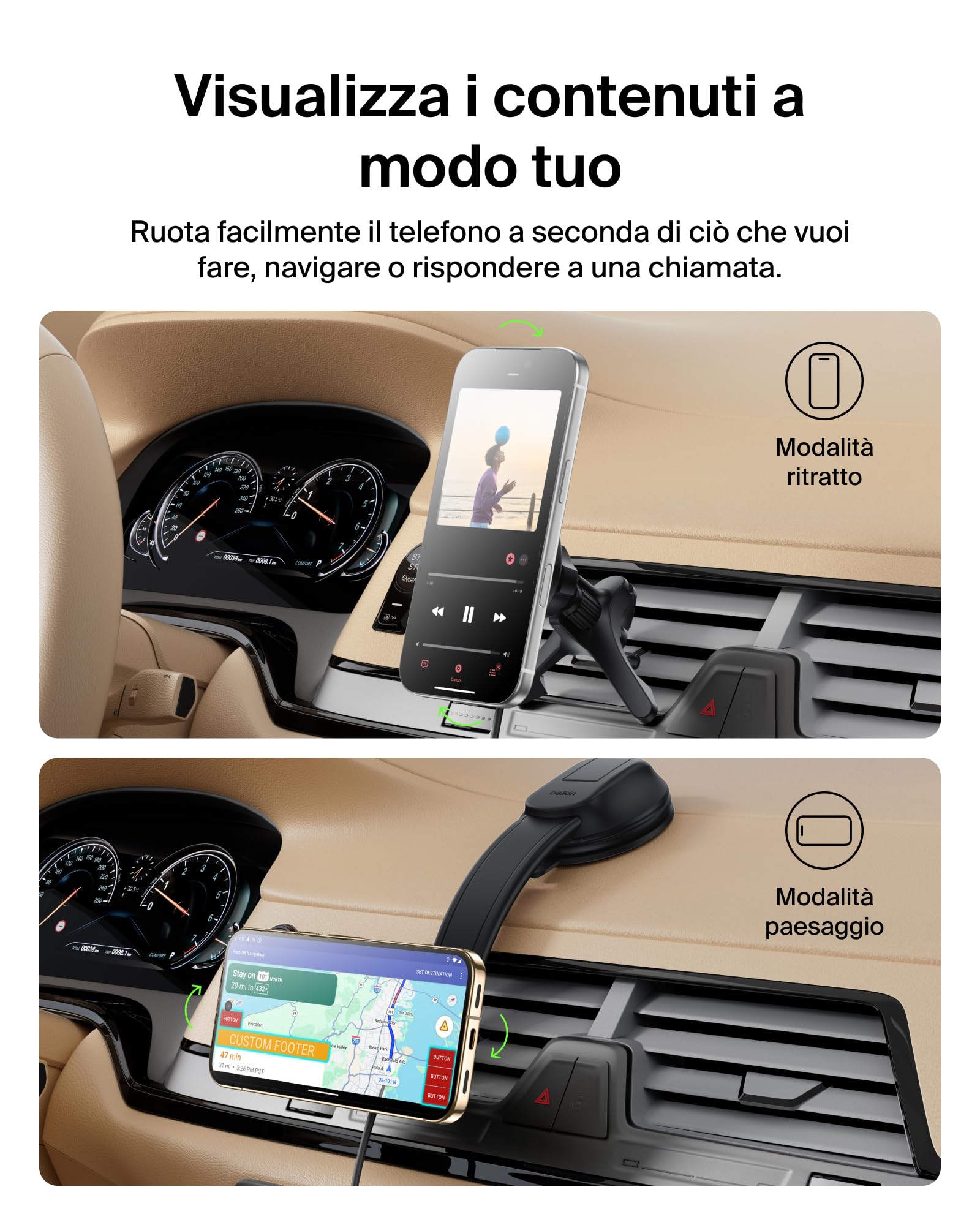 Belkin Caricatore da Auto Wireless, Supporto Magnetico per Bocchette e Cruscotto, Cavo USBC, Ricarica Rapida Compatibile con MagSafe per iPhone 17, Galaxy S25, Pixelsnap, Qi2 - Nero