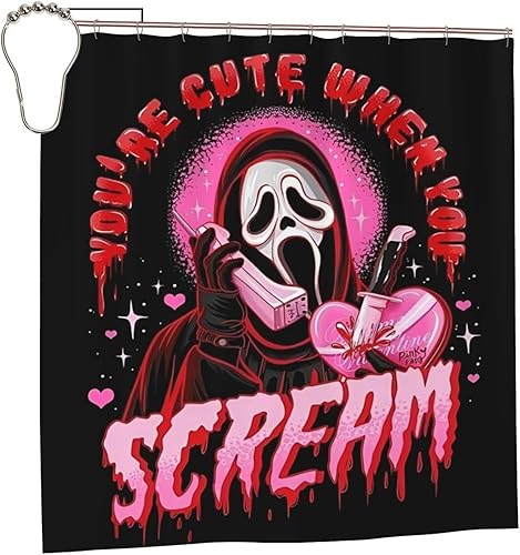 Miniatura 2 de Cortina de ducha con cara de fantasma rosa con ojales y ganchos de hierro, impermeable, lavable, cortina de ducha de tela de poliéster, cortinas de