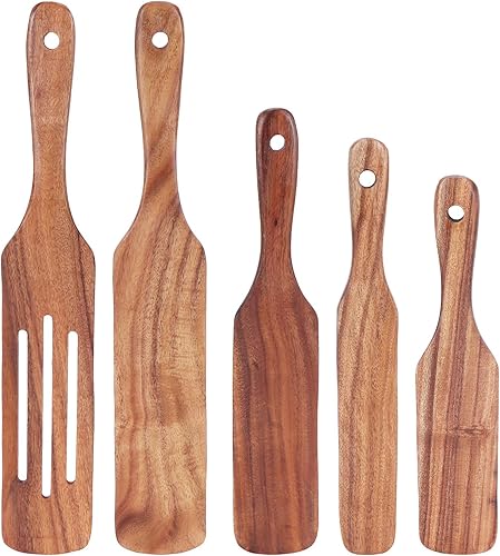 Juego de utensilios de cocina de madera de teca, 5 piezas, espátulas de madera, herramientas de calor con orificio para colgar, para agitar, girar y