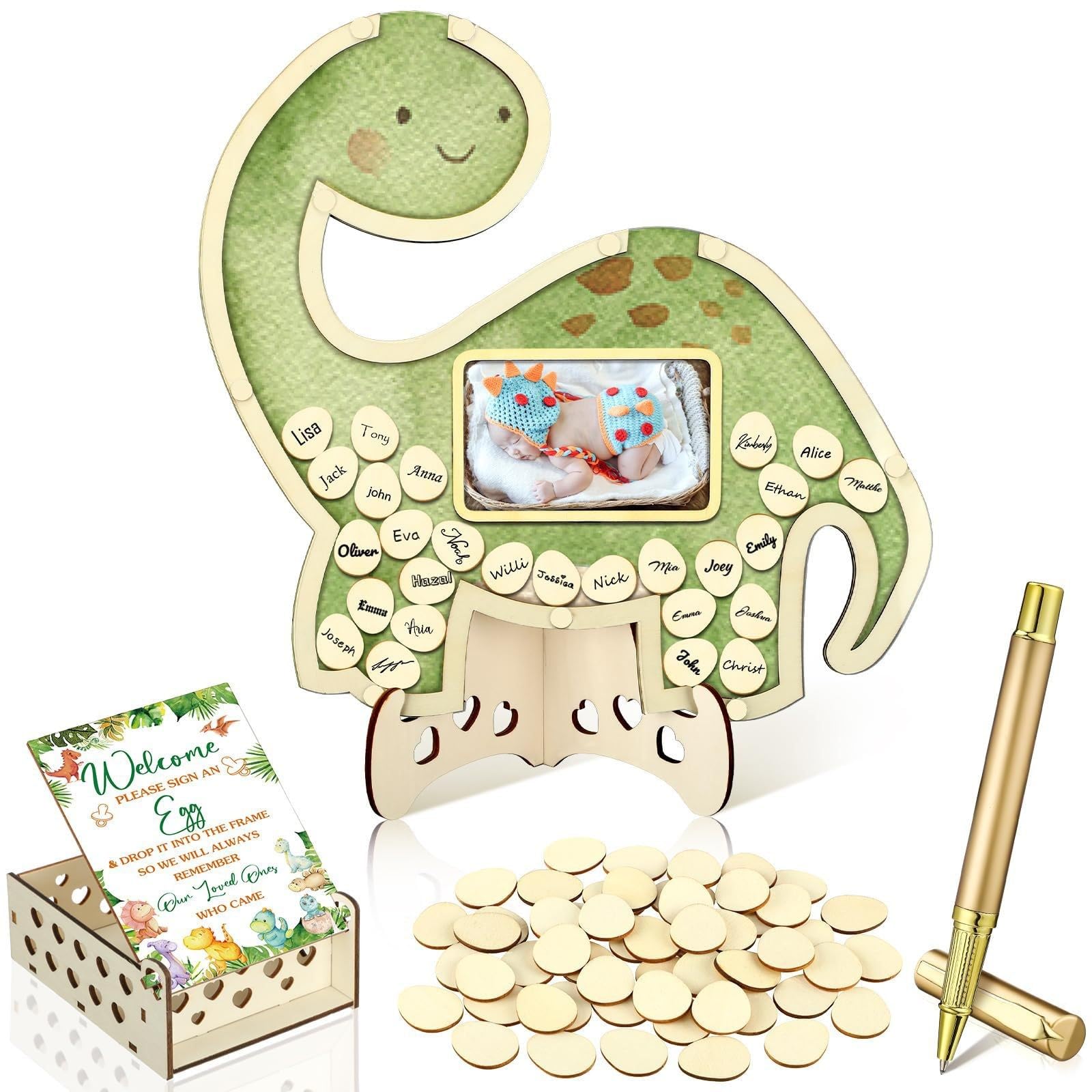 Libro de visitas de madera dinosaurio con 100 fichas para deseos en baby shower y bautizo