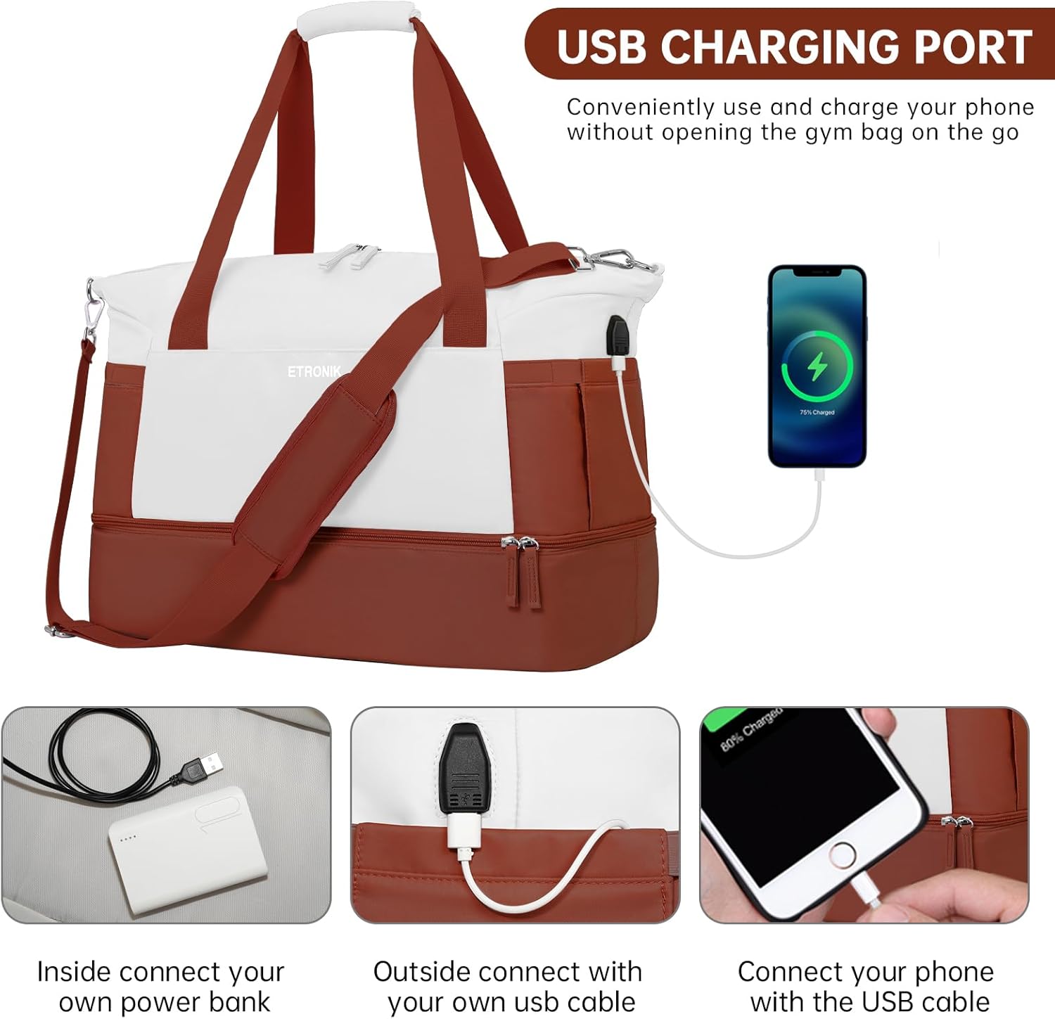ETRONIK Gym Bag for Women, Sports Travel Duffel Bag with USB Charging Port, Weekender Overnight Bag with Wet Pocket and Shoes Compartment for Women, Travel, Gym, Yoga (Reddish Brown/White)