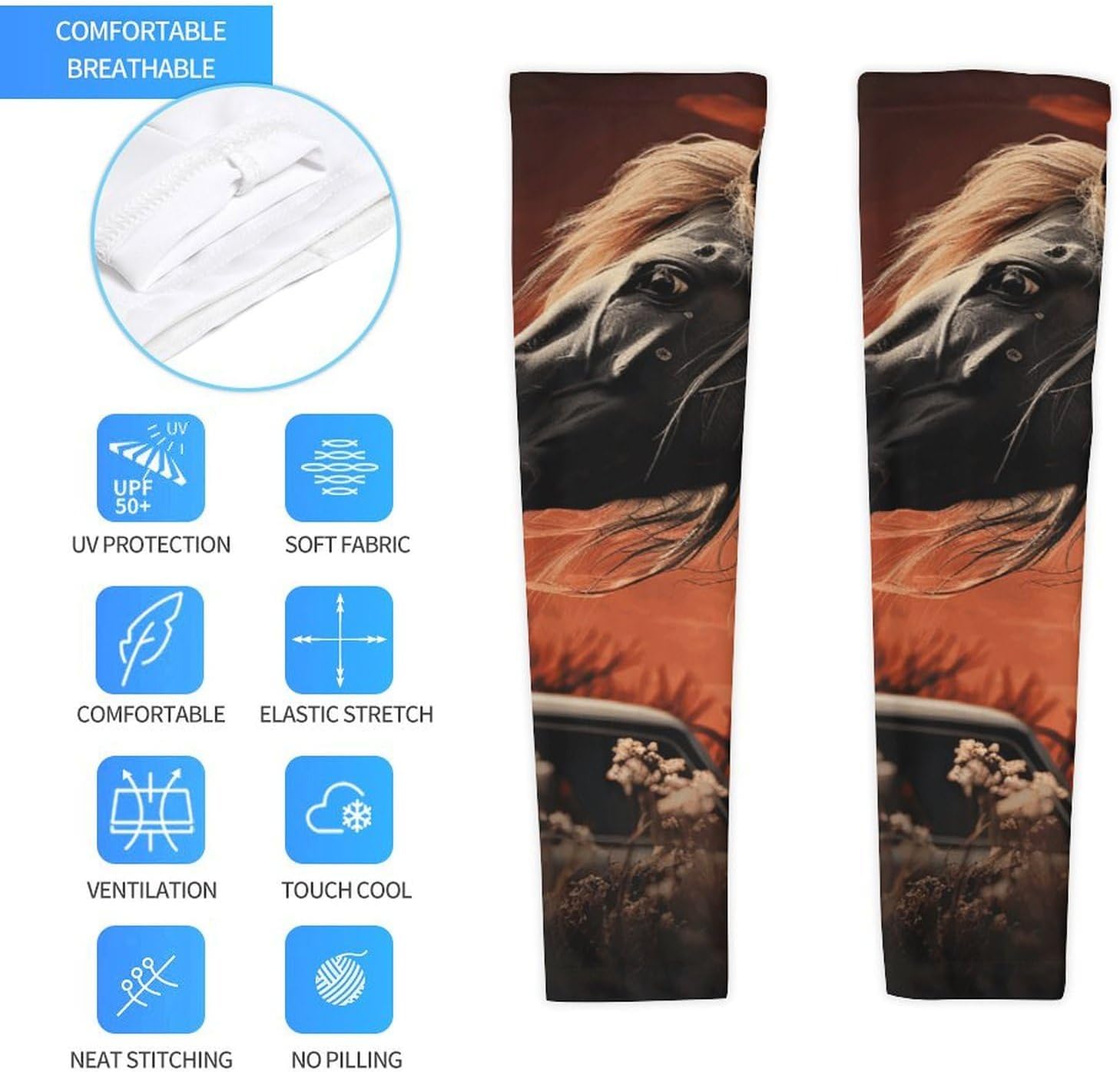 UV Sun Protection Cooling Arm Sleeves XX-Large (xx_l), Compression, Soft | Romantic Mustang Arm Covers for Sport, Breathable, Tattoo Cover Up, Portable Arm Brace for Women Men