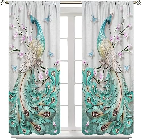 Miniatura 174 de Cortina opaca con estampado de pavo real, con estampado de animales retro, con bolsillo para cortinero y flores de peonía doradas, para dormitorio,