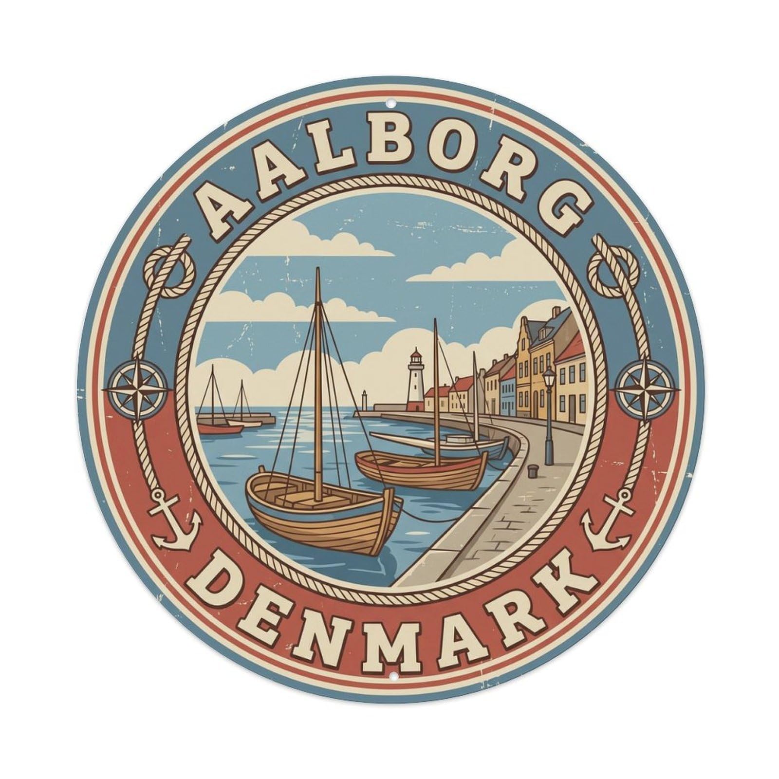 Retro Denmark Aalborg Round Travel Vintage Metal Tin Sign Plaque Wall Decor for Cafe, Club Bar, Office, Garden Metal Poster 8x8Inch