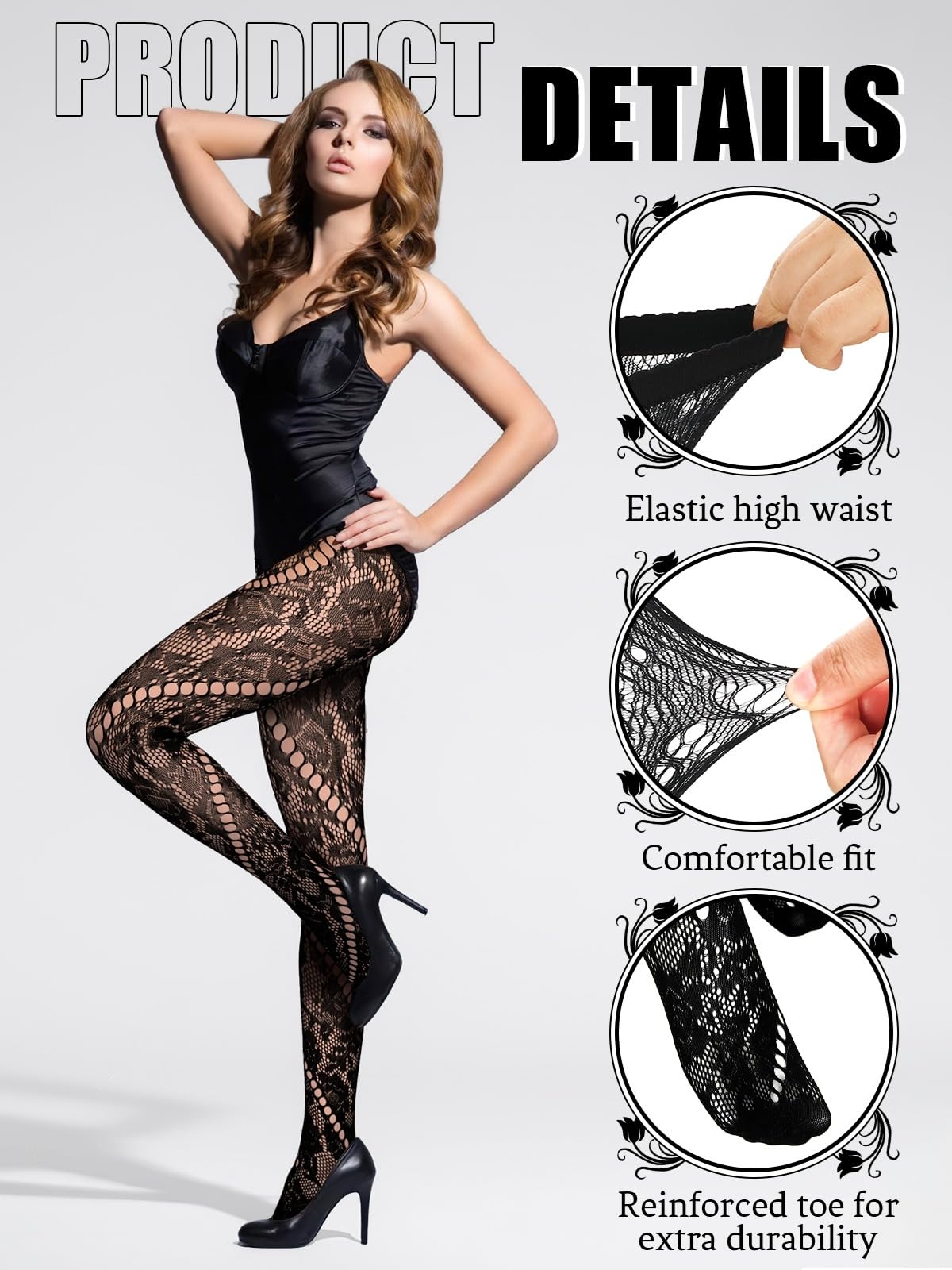 3 Pairs Floral Tight Legging Lace Patterned Fishnet Tights Small Hole High Pantyhose Waist for Halloween: Black Flower