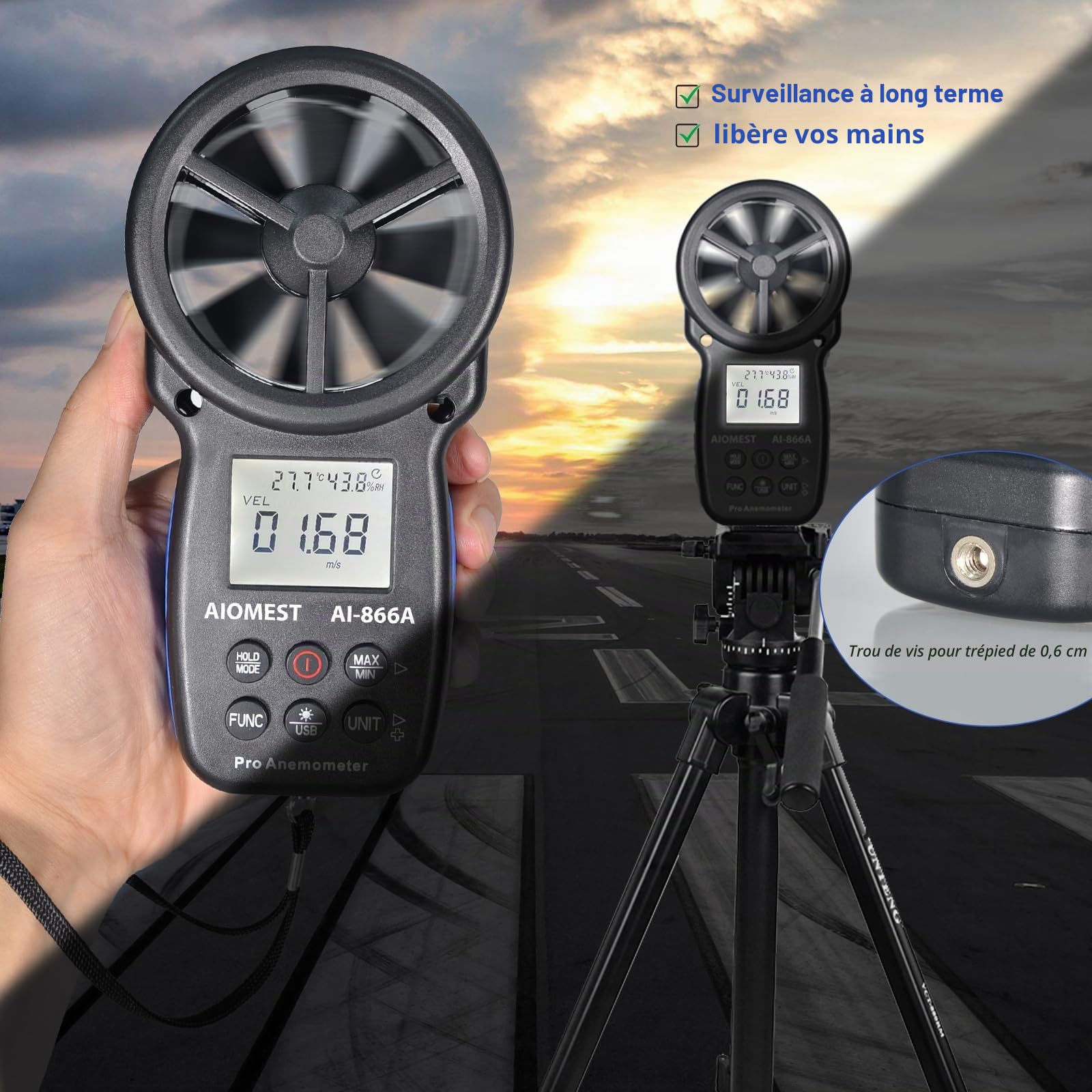 Anémomètre VMC m3/h Professionnel, AIOMEST Numérique Débitmètre d'Air AI-866A Mesurant la Vitesse, le Débit HVAC, Humidité, la Température pour Ventilation CVC, Extérieur Drones