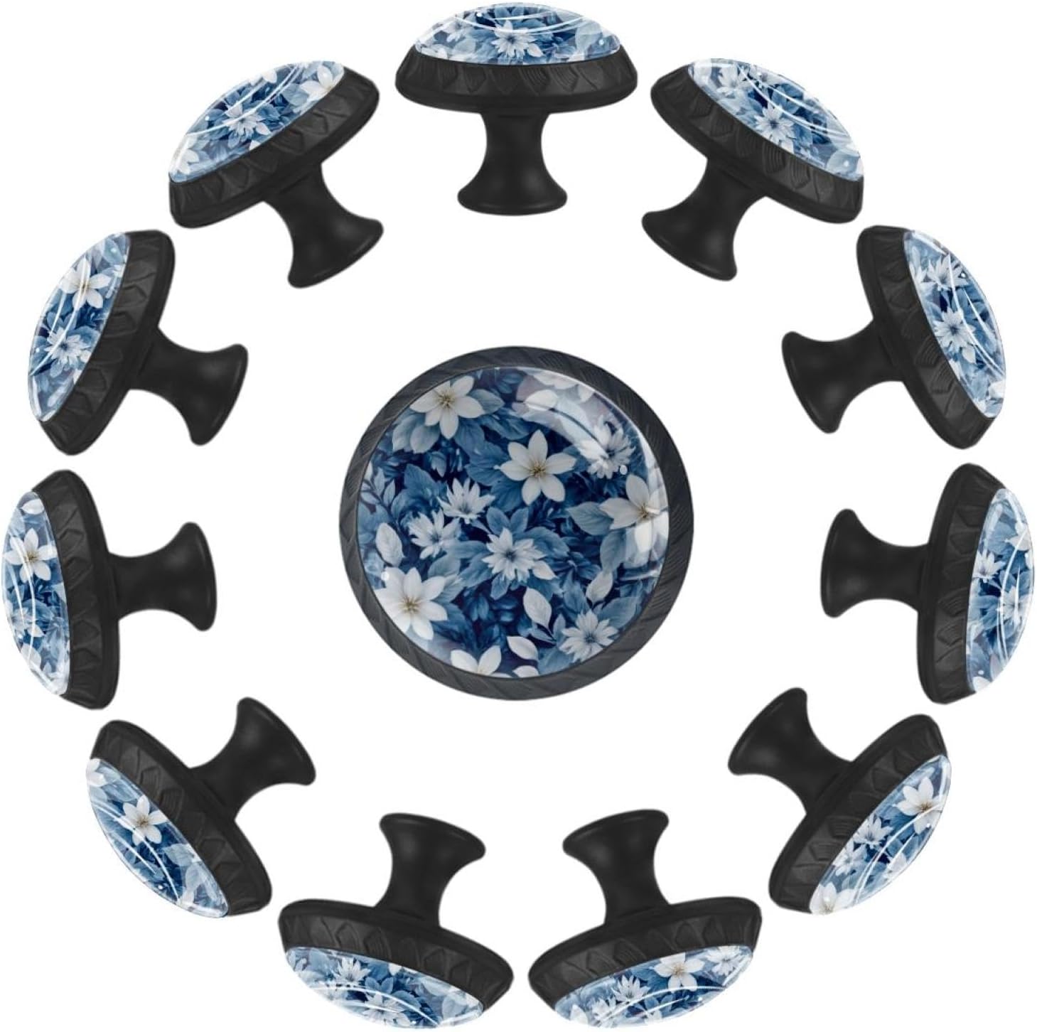 Black Base Floral Flower Leaf Seamless Pattern, Blu (3) Pattern Cabinet Knobs, Drawer Pulls for Dresser Cupboard Wardrobe Home Decoration