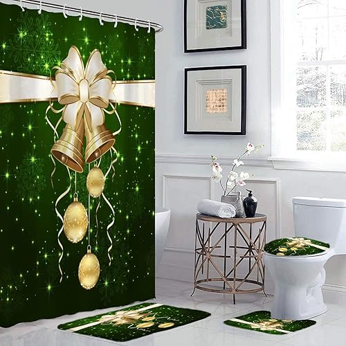 Miniatura 5 de Juego de 4 cortinas de ducha de Navidad con diseño de copo de nieve, fondo rojo, decoración con alfombras antideslizantes, tapete en forma de U,