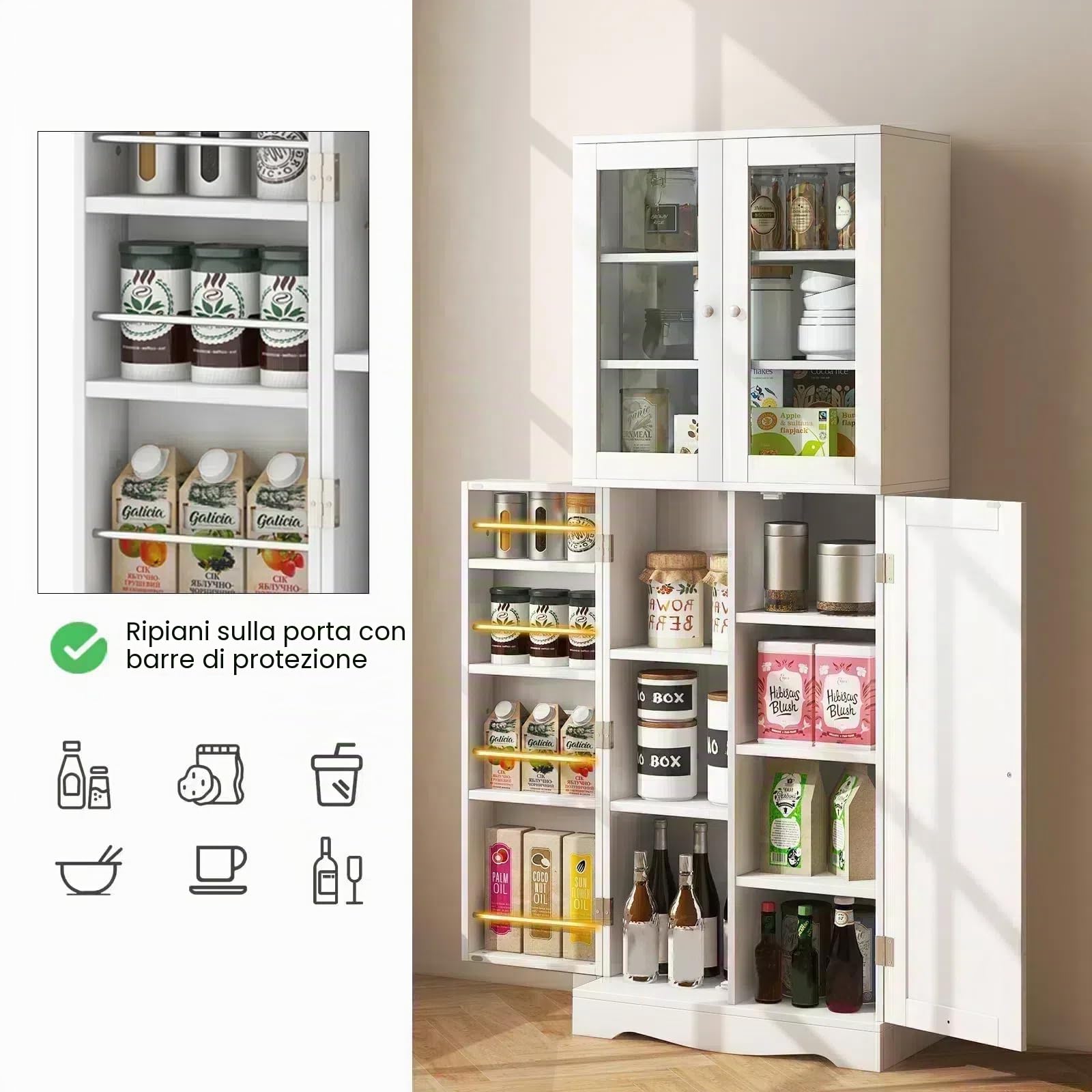 KOMFOTTEU Credenza da Cucina con Anta Multi-Stoccaggio, Mobile Cucina Dispensa con Dispositivo Antiribaltamento, Armadio di Stoccaggio, 60 x 31,5 x 161,5 cm, per Soggiorno, Sala da Pranzo (Bianco)