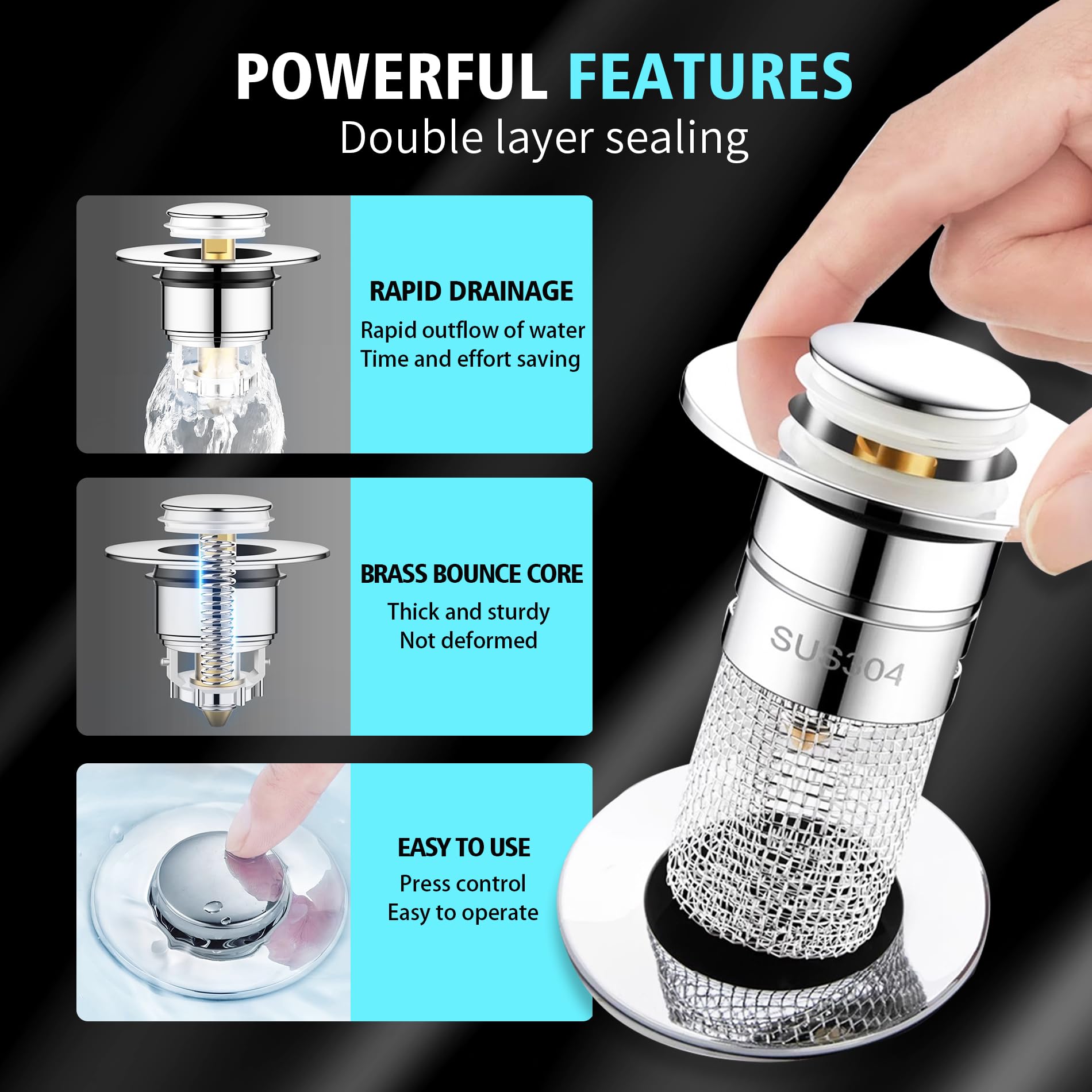 2 Tappi Pop Up Per Lavandino Universali - Con Filtro Anti Intasamento In Acciaio Inox 304 - Per Lavabo, Bagno, Cucina (Ø 34-40mm) - Foto 2