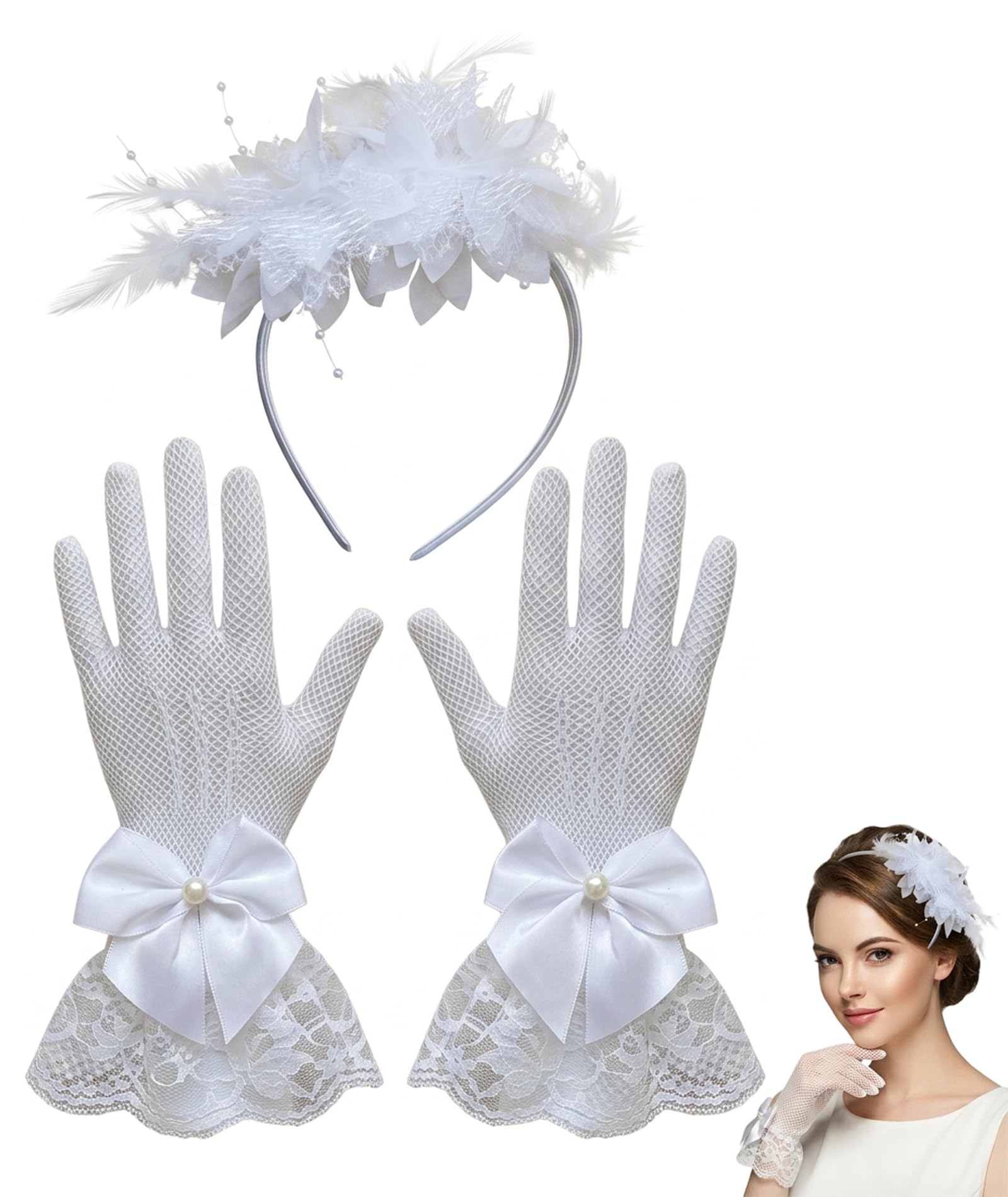 2-Piece White Headband and Glove Set, Elegant Tea Party Accessories and Cosplay Dress Up Outfit, Fascinator Hats for Woman Style-image-44