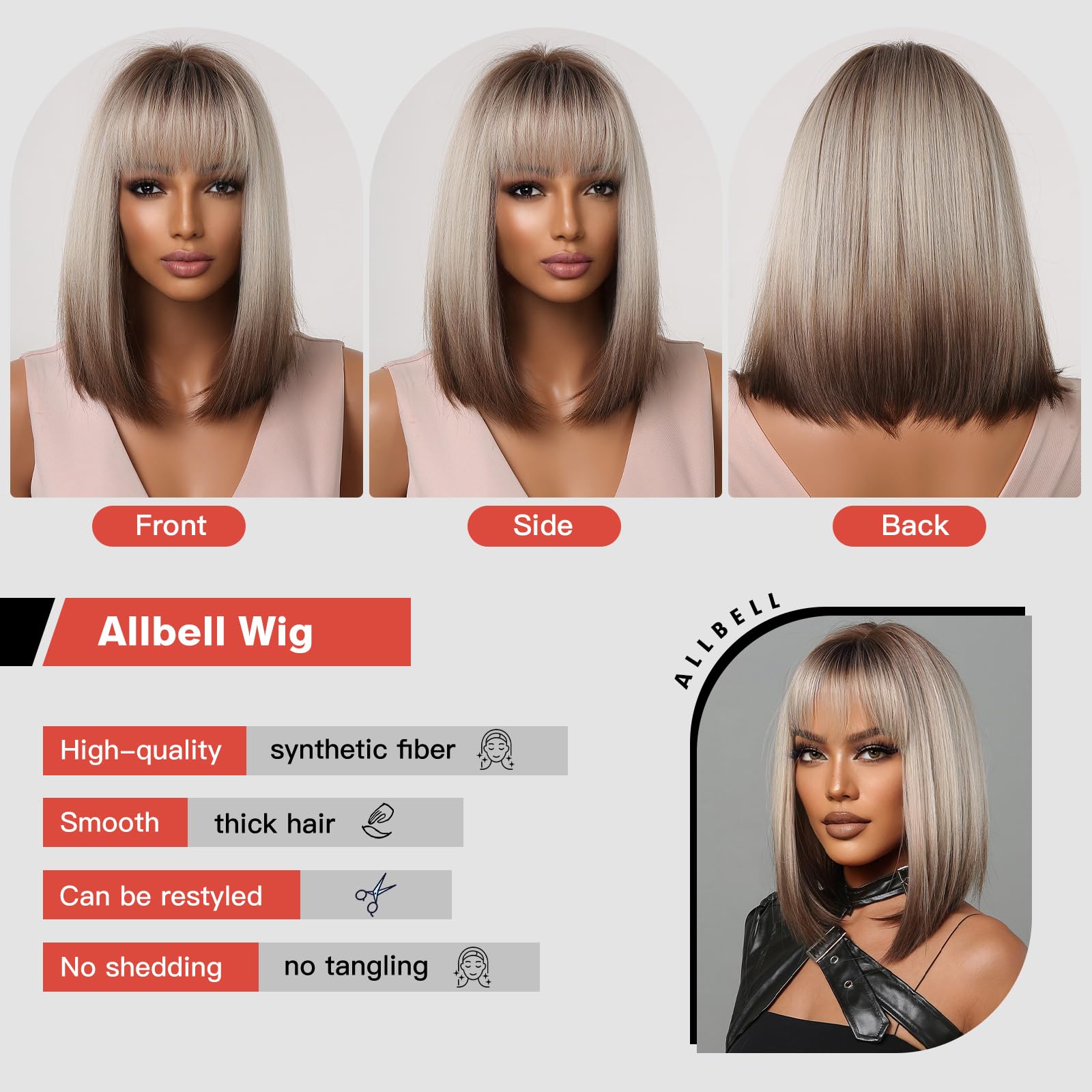 ?JEN B BROWN & BLONDE STRAIGHT BOB  WIG Allbell Brown Bob Wig with Blonde Highlights - Short  main image 3